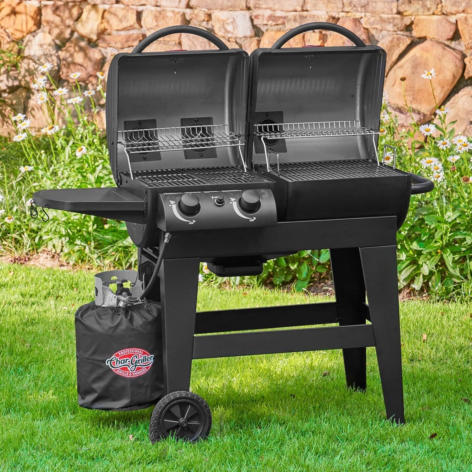 Black Propane Charcoal Dual Fuel Two Burner Grill Smoker