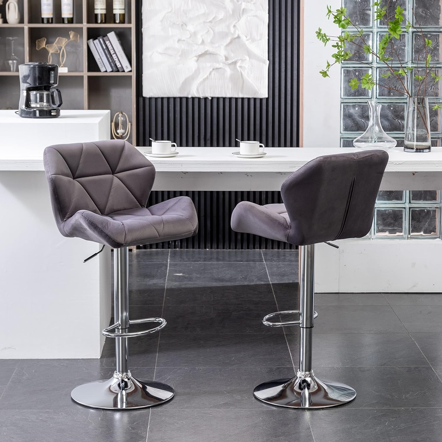 Breni Velvet Diamond Tufted Swivel Adjustable Height Bar Stool Set Of 2 Gray-3