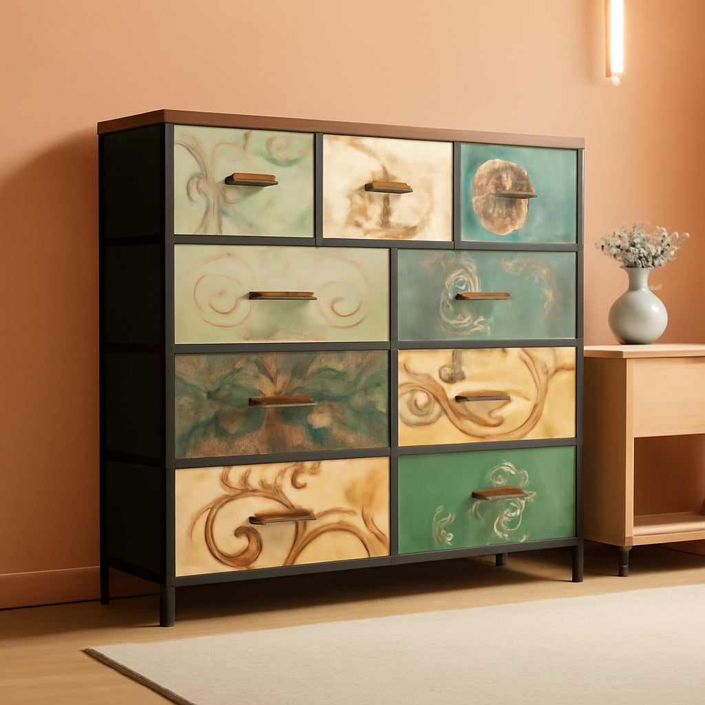 9 Drawer Dresser With Fabric Bins Floral Pattern Wood Top-0