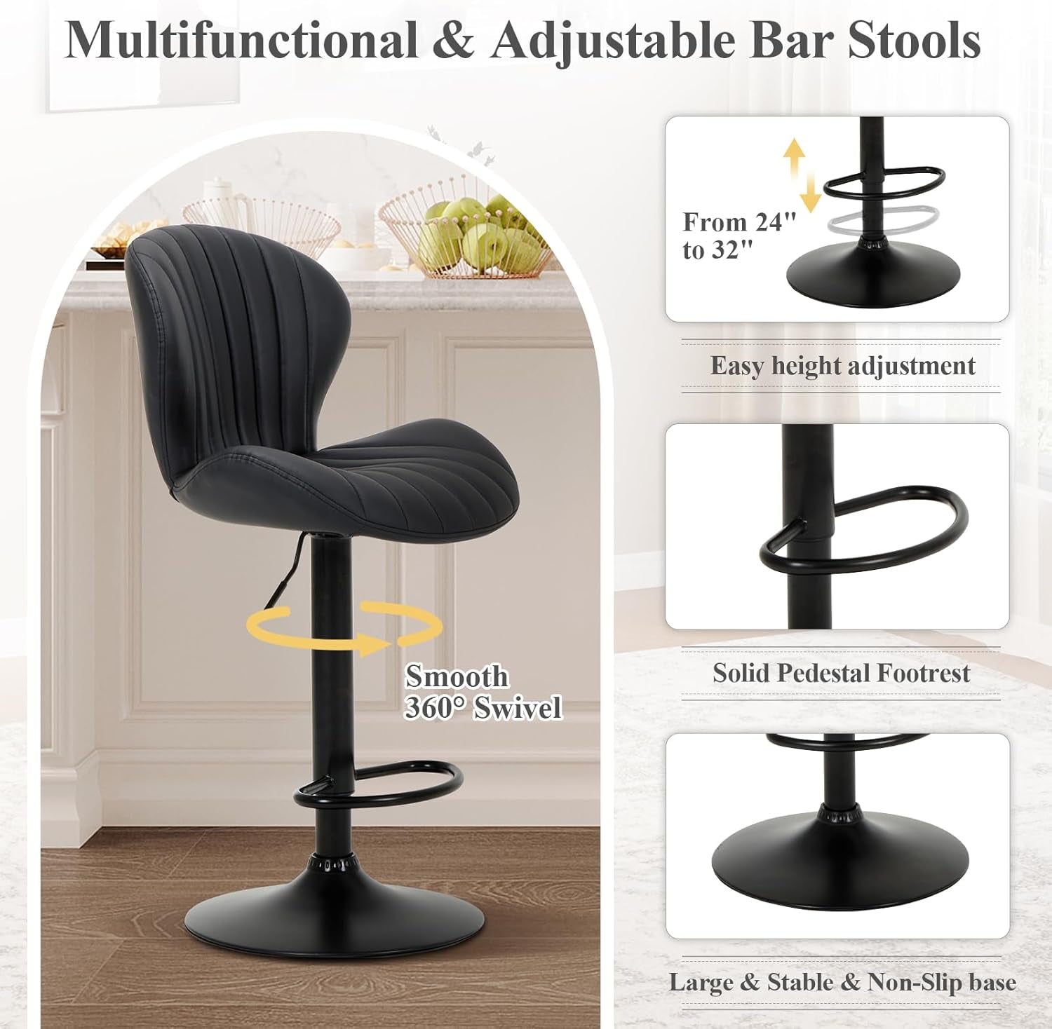 Black Adjustable Faux Leather Swivel Bar Stool Set Of Four-3