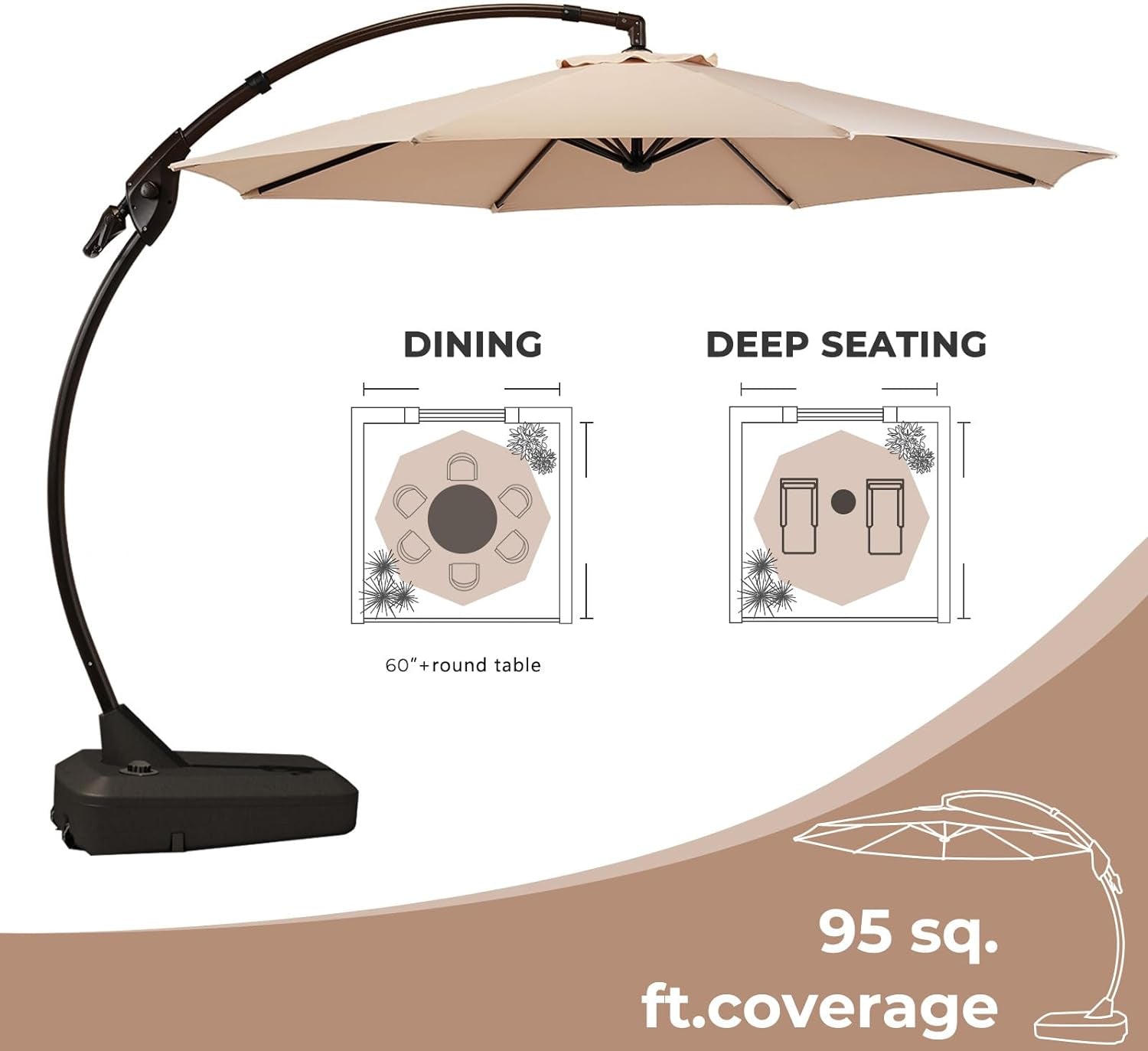 11ft Cantilever Umbrella With Base Champagne Aluminum Outdoor Patio Shade Durable Frame-2