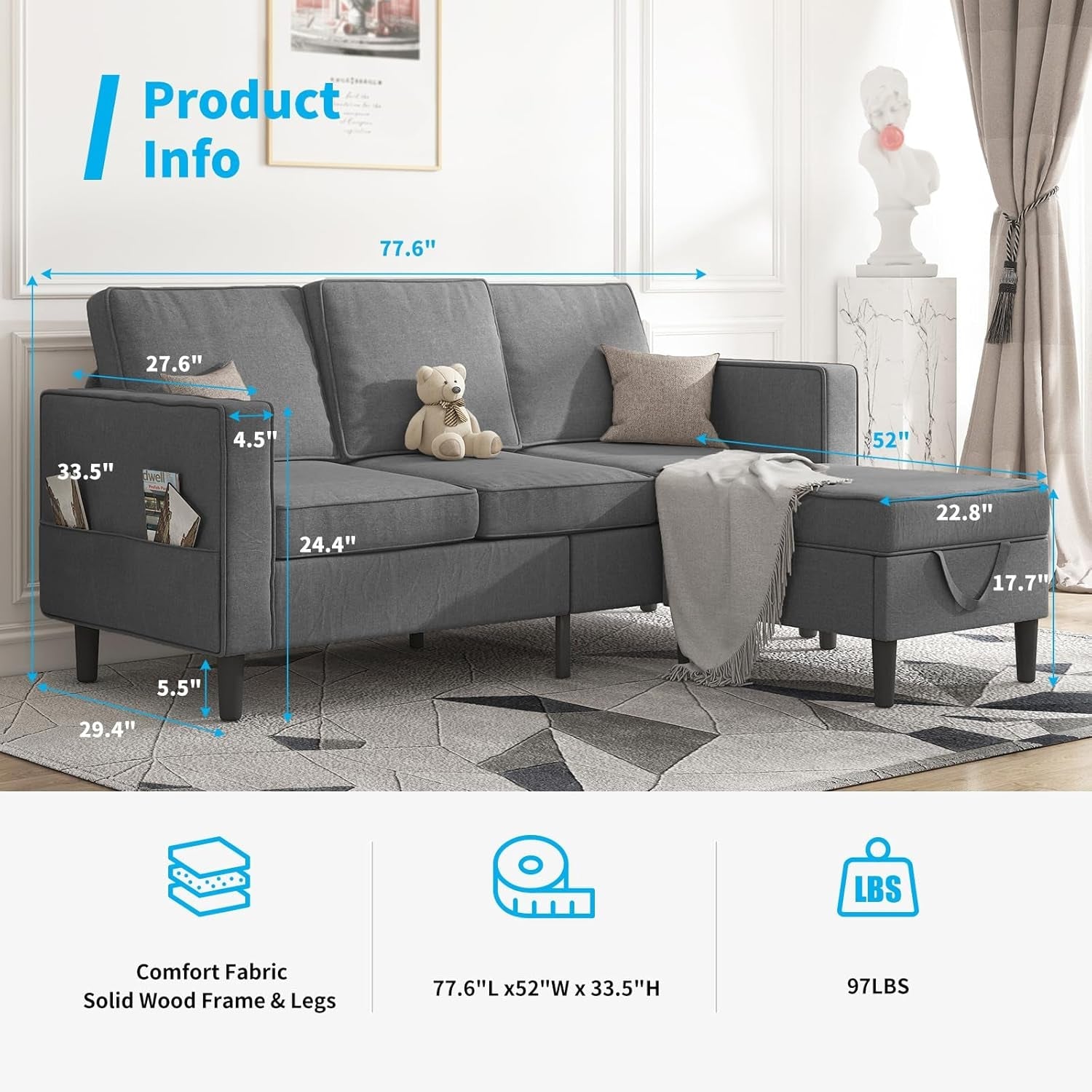 Convertible Sectional Sofa Sets, Modern Linen Fabric 3 Seater L-Shaped Sofa with Storage Ottoman, Wooden Sofa Couch Legs, Reversible Chaise Chair for Living Room, Studio, Apartment - Dark Grey-1