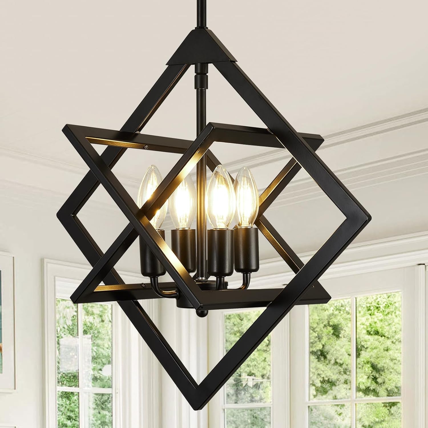 18 Inch Black Geometric Industrial Farmhouse Chandelier With 4 Lights Adjustable Height-0