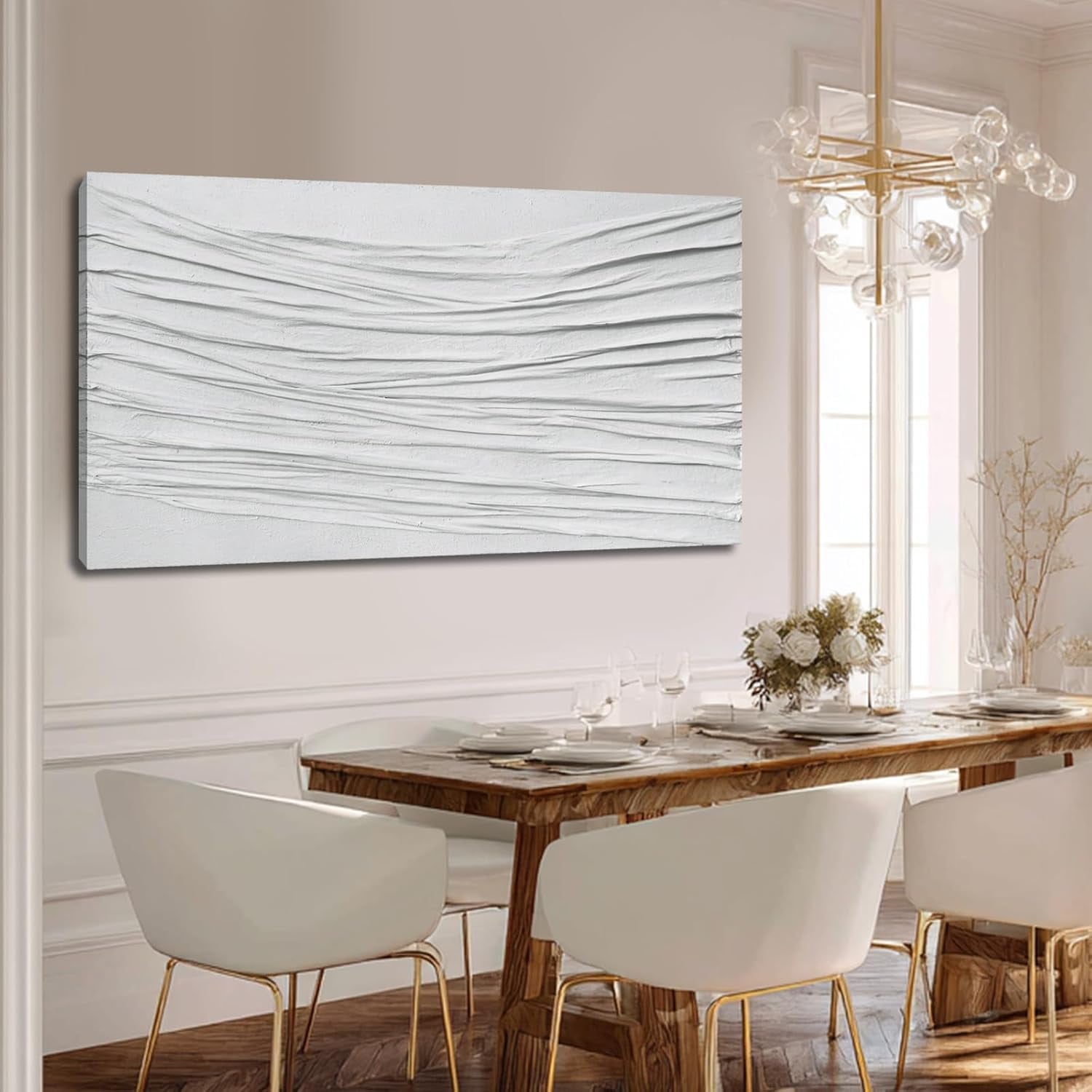 White Textured Abstract Canvas Wall Art 24x48 Inches-4