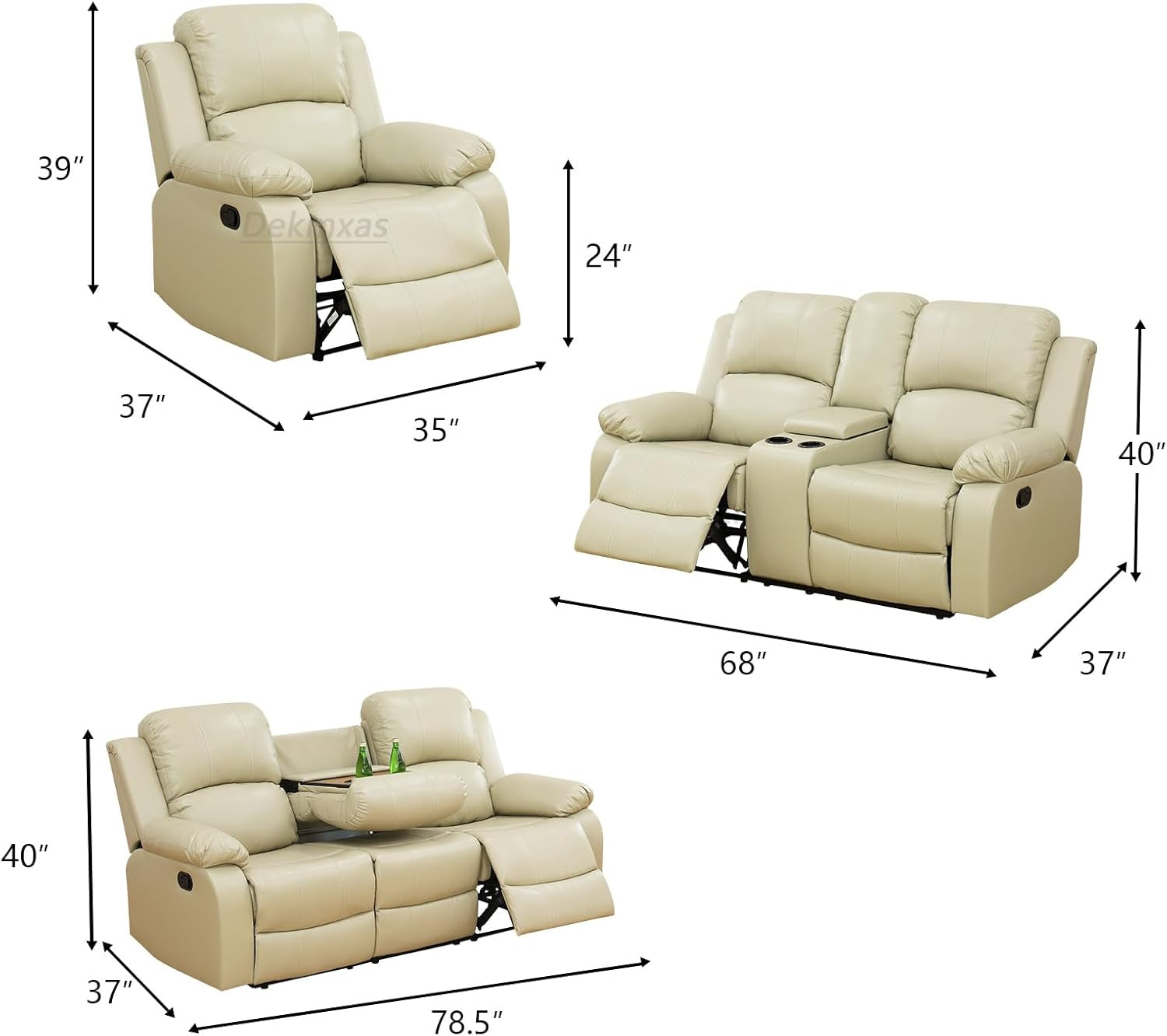 Manual Reclining Sofa Modern Recliner Sofa Couch 3 Seater Leather Reclining Sofa Living Room Furniture Couch with Cup Holders & Flip-Down Table for Home/Office/Rv Car (Beige, 3 Seater Sofa)-1