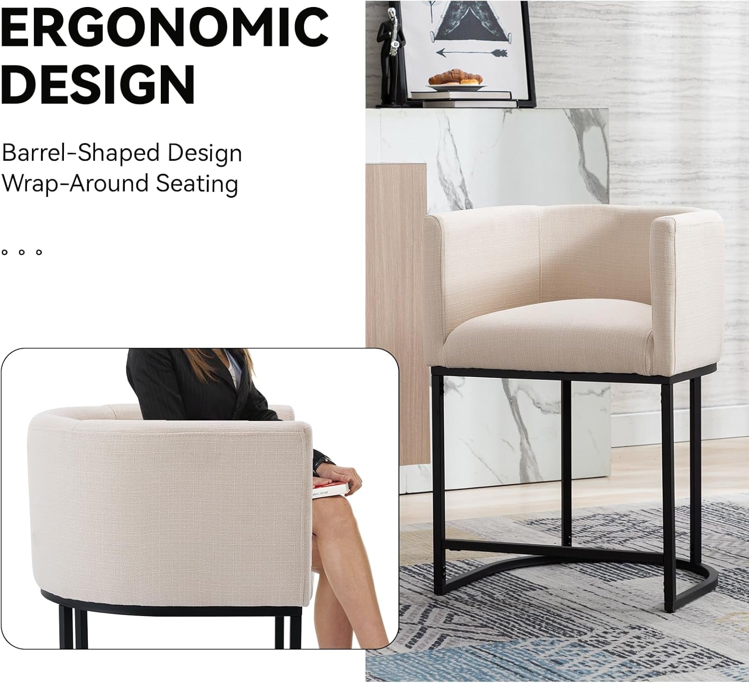 Contemporary Cream Linen Bar Stools Counter Height Set-3