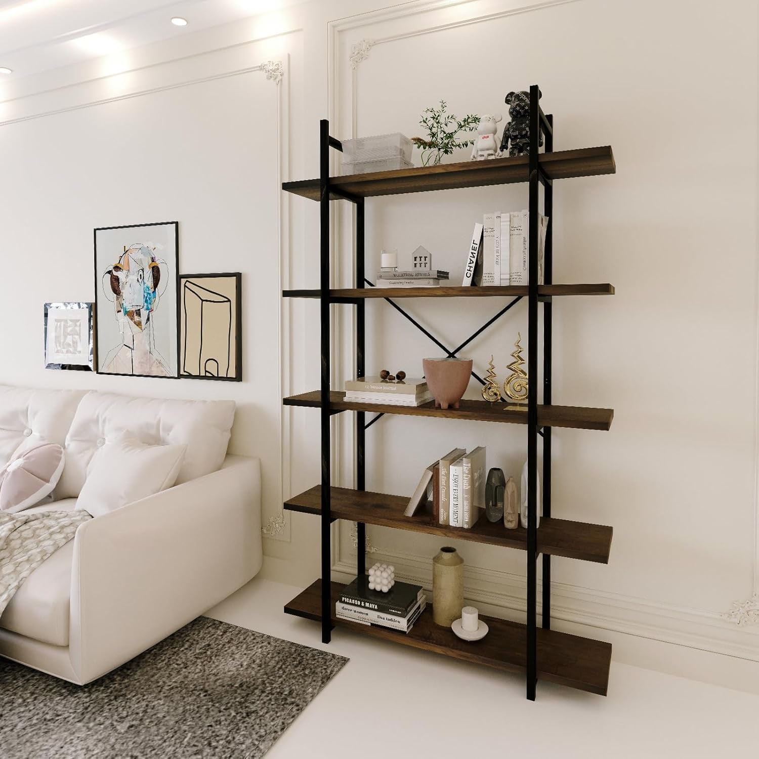 Five Tier Bookshelf Organizer Rustic Brown Metal Shelving-3