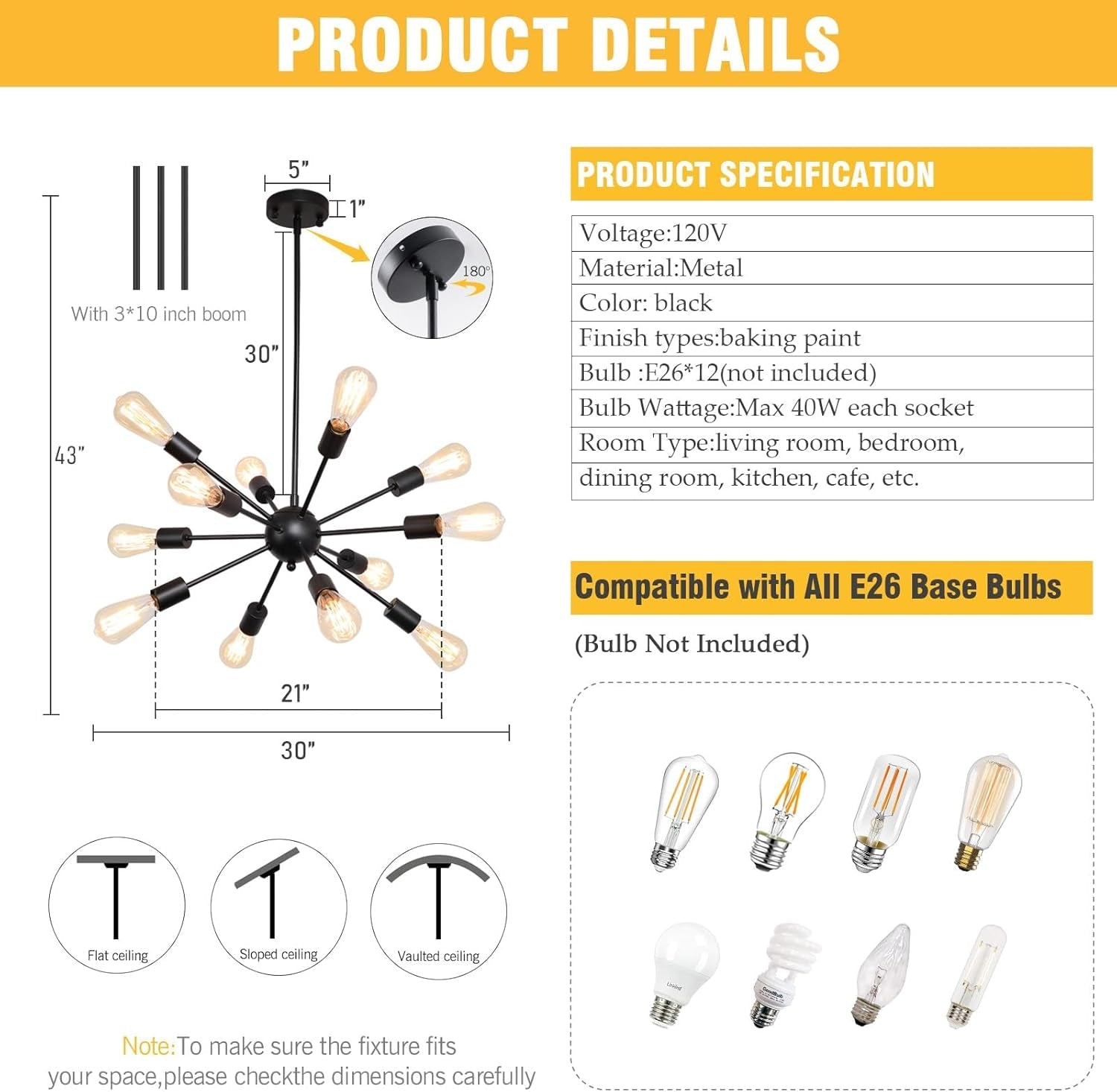 Black 12 Light Sputnik Chandelier Farmhouse Pendant-2