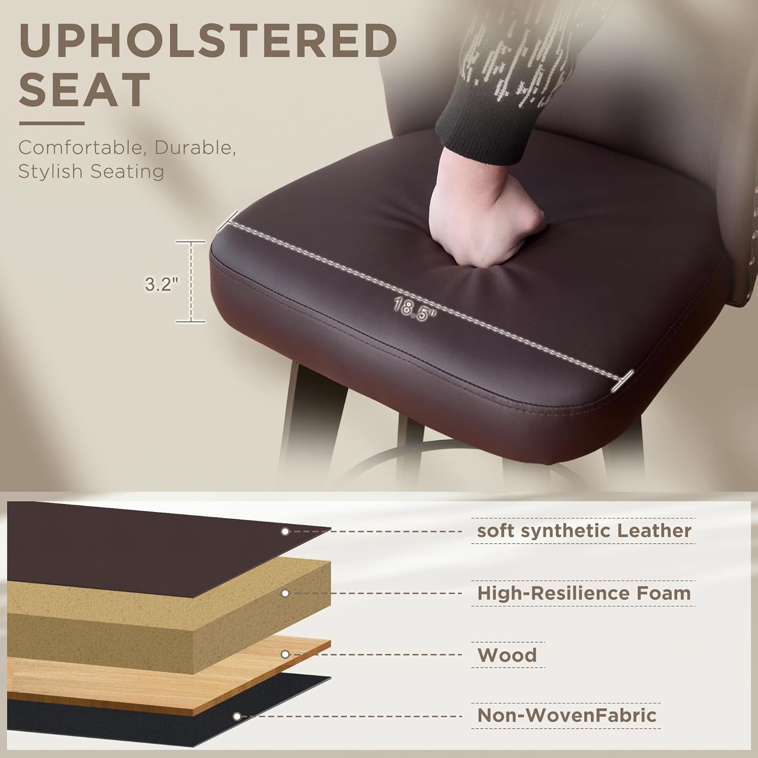 Swivel Bar Stool Set of 4, Faux Leather Low Back Counter Height Bar Stools, 27.5" Upholstered Tufted Counter Barstools with Wood Legs for Kitchen Island, Home Bar (Brown)