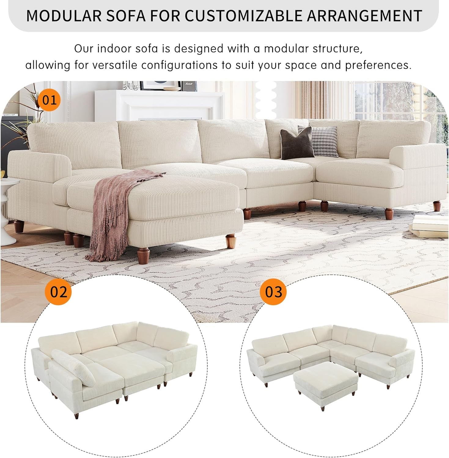Large Sectional Sofa Couch with Ottoman for Living Room, L Shaped Corduroy Fabric Sofa Couch, 98" L Modular Corner Sectional Sofa for Spacious Space Office, Beige-3
