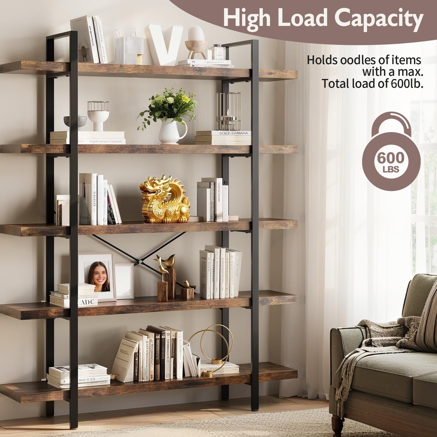 Brown 47 Inch Wide Industrial Bookcase Five Tier Heavy Duty-4