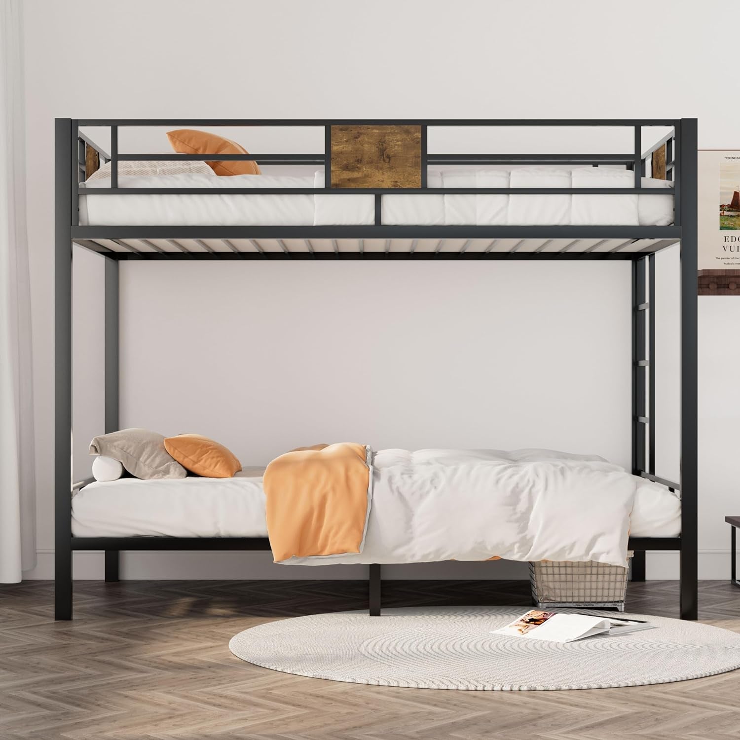 Loft Bunk Bed Twin over Twin Size with Ladder and Guardrail,Rustic Design,Metal Slats Support No Box Spring Needed Small Space Saving Furniture for Bedroom Dorm-2