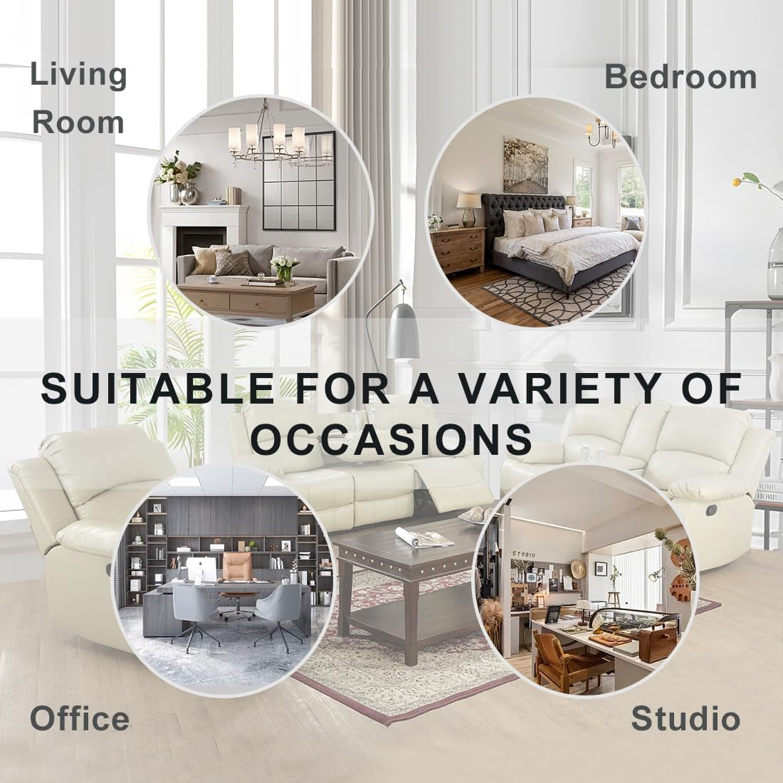 Manual Reclining Sofa Modern Recliner Sofa Couch 3 Seater Leather Reclining Sofa Living Room Furniture Couch with Cup Holders & Flip-Down Table for Home/Office/Rv Car (Beige, 3 Seater Sofa)-4