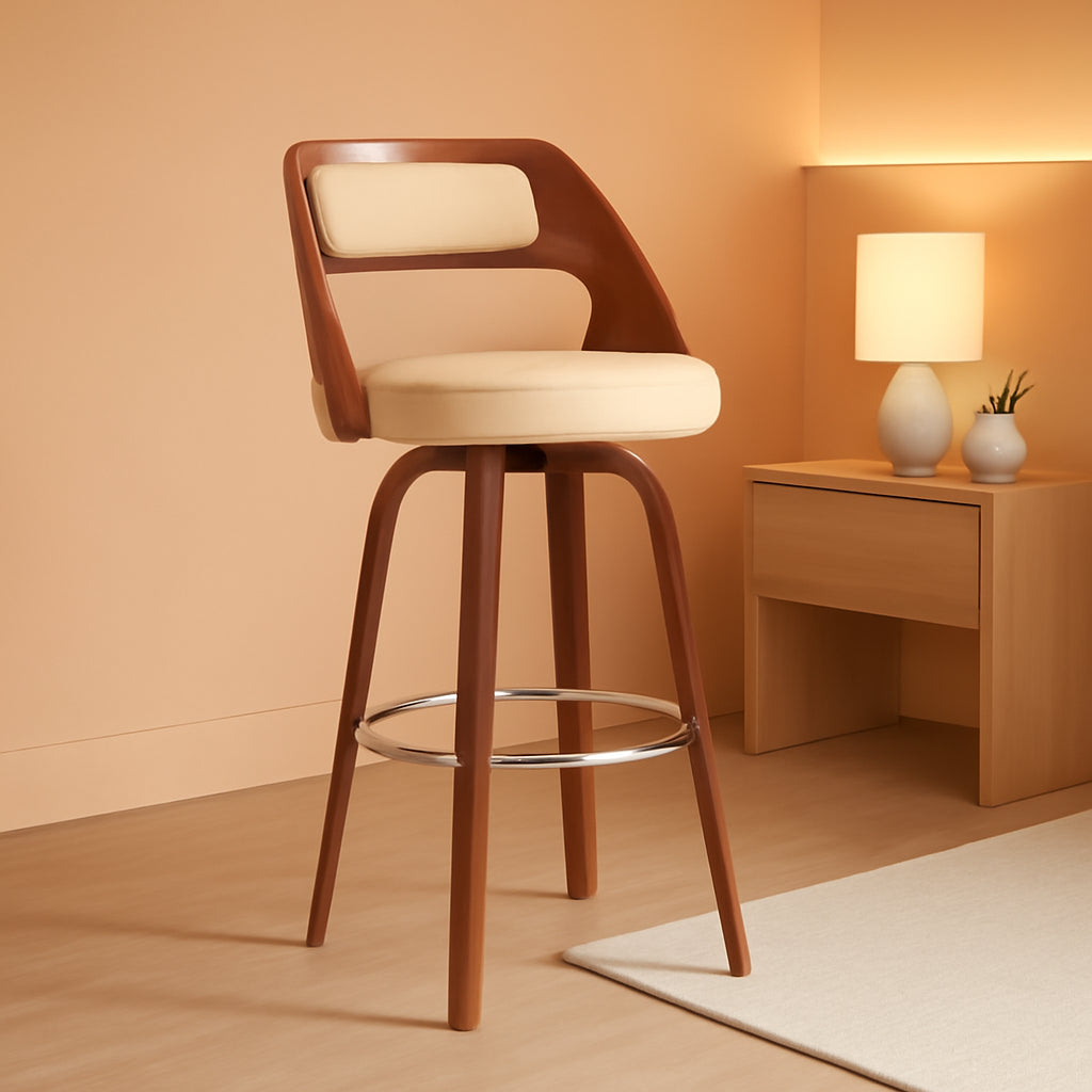 Cream Faux Leather Walnut Wood Bar Stool Swivel 360 Degree-0