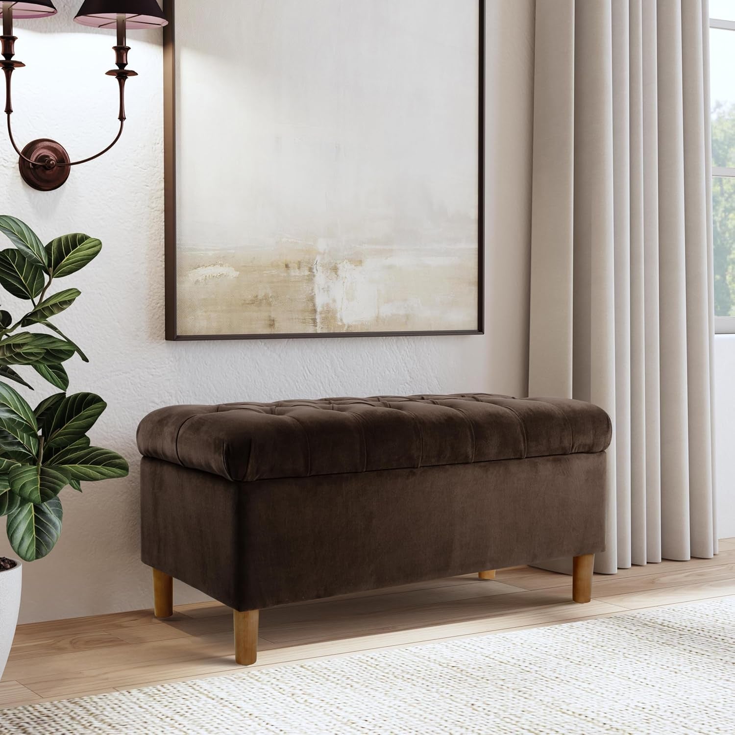 Tufted Storage Ottoman Bench Chocolate Brown Velvet-3