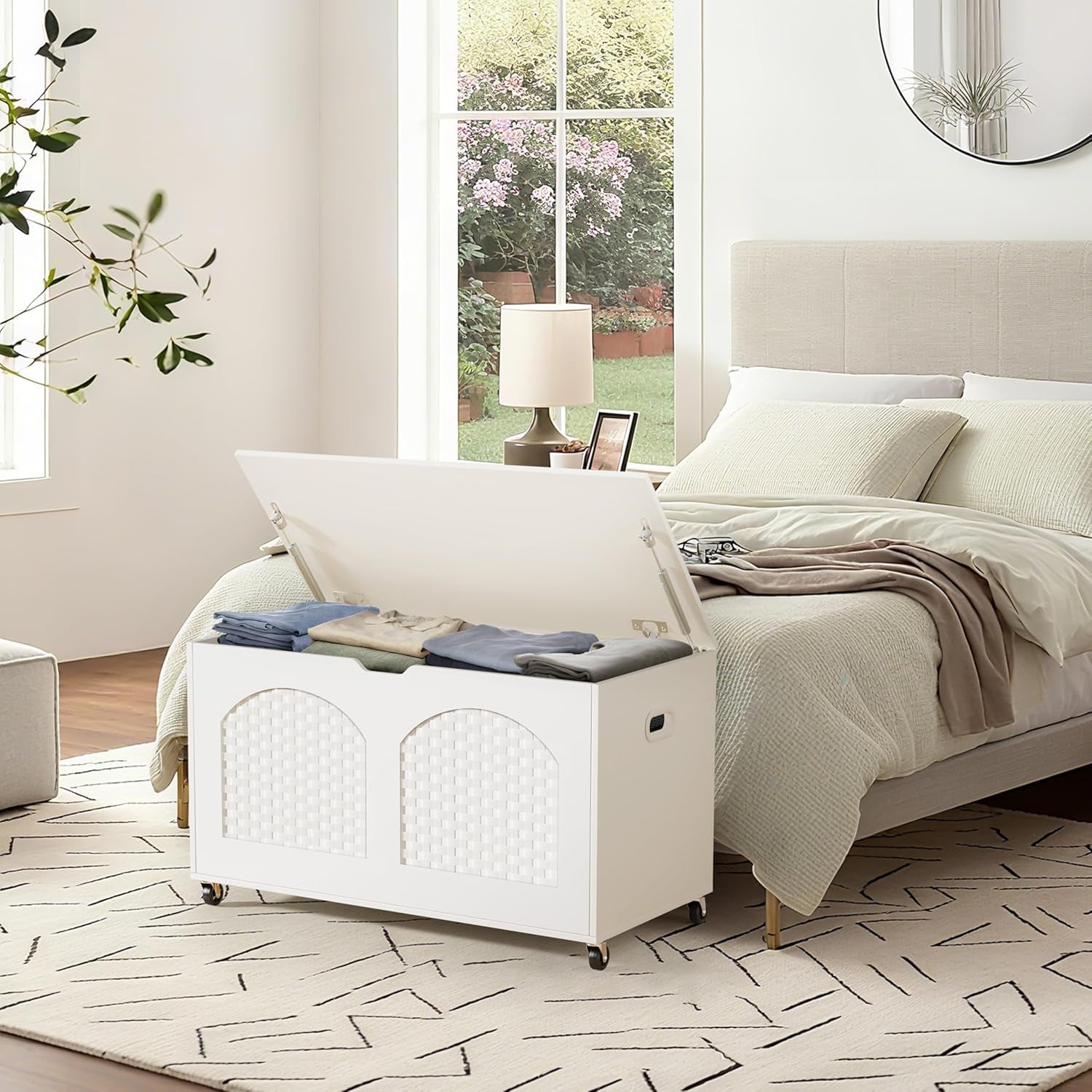 White Wooden Storage Bench On Wheels-3