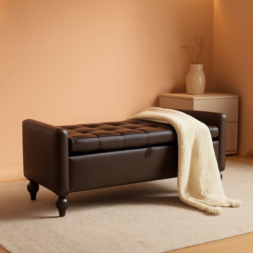Brown Genuine Leather Storage Ottoman Bench Bedside-0