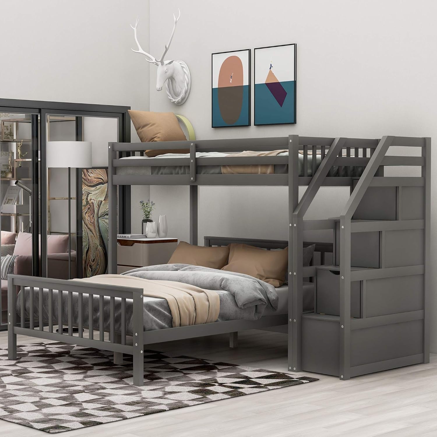 Gray Twin Over Full Bunk Bed with Stairs-3