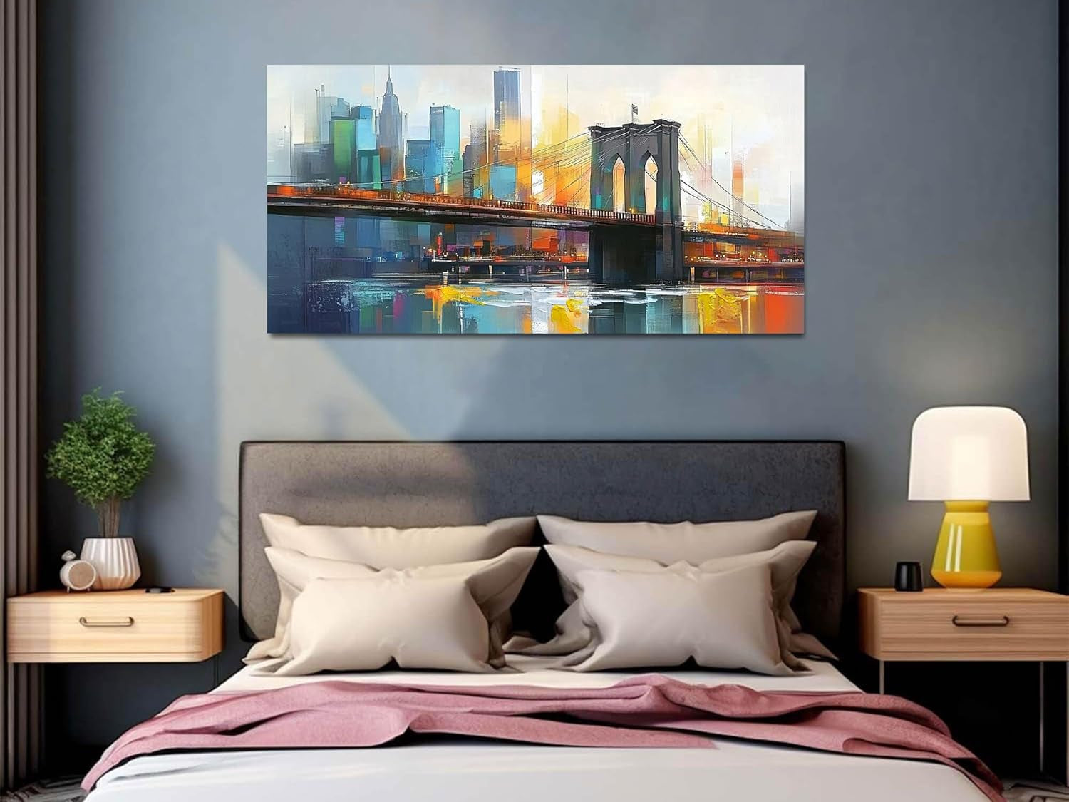 New York City City scape Wall Art Blue Grey 40x20 Framed Canvas-2