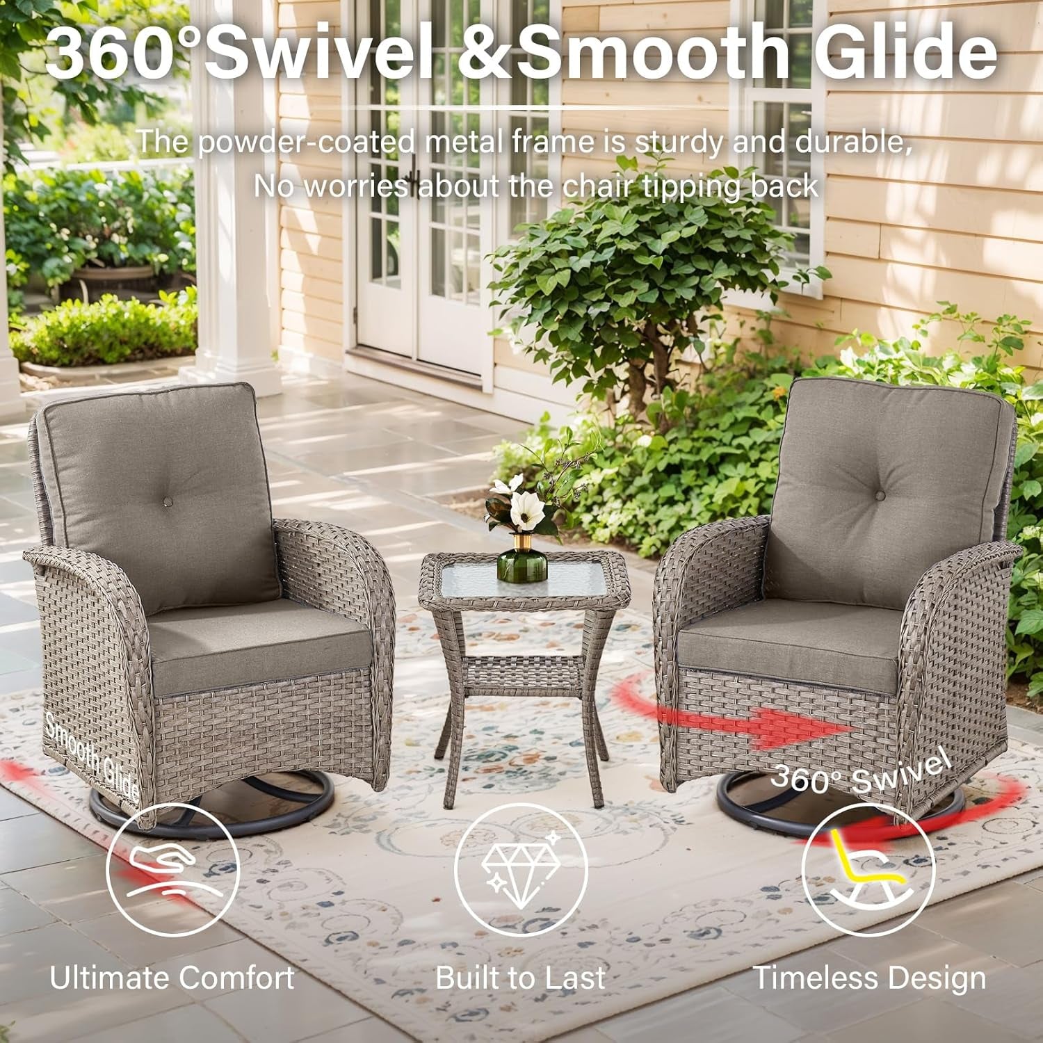5 Piece Outdoor Patio Set Gray Wicker Swivel Rockers-2