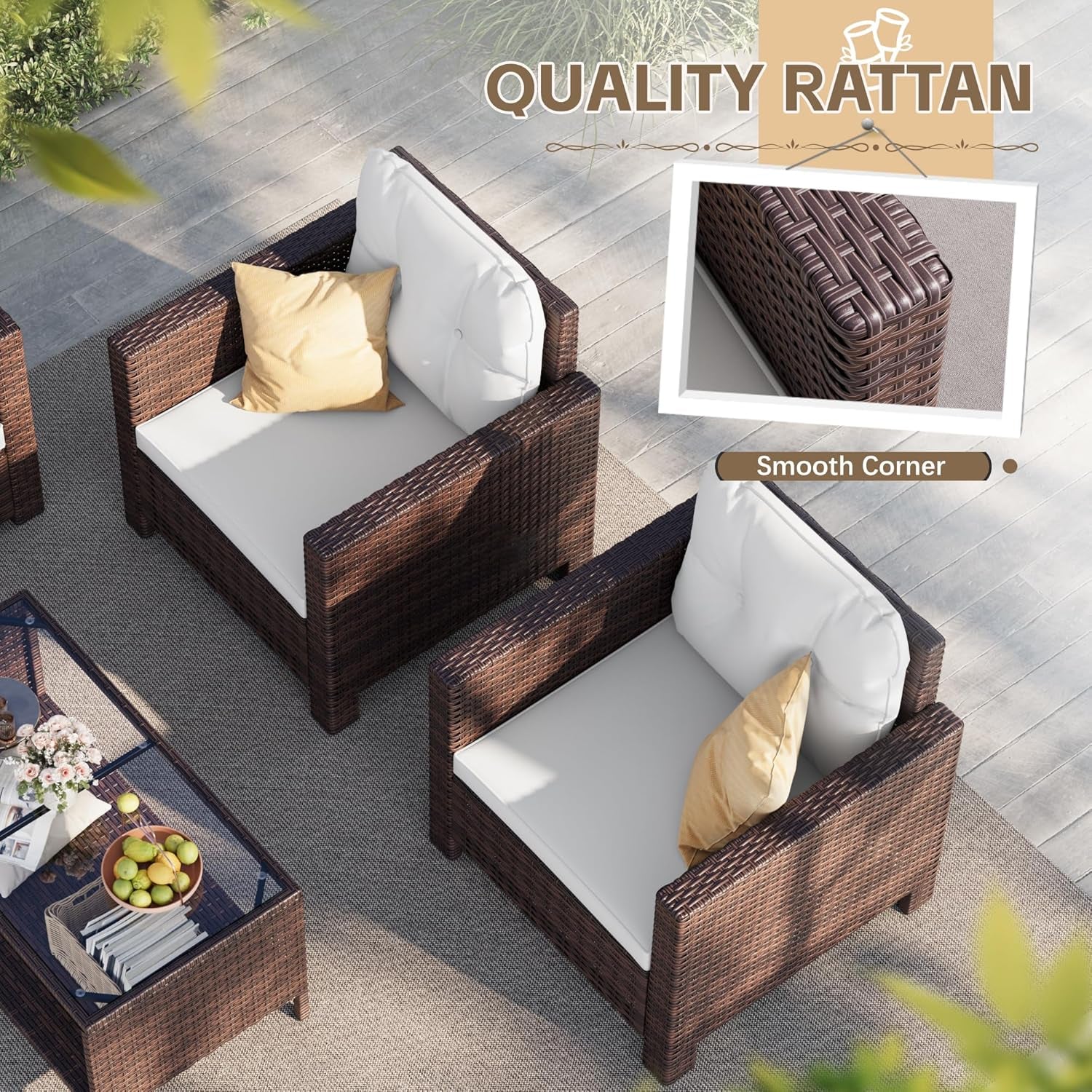 4 Piece Patio Rattan Furniture Set Beige Cushions Outdoor-4