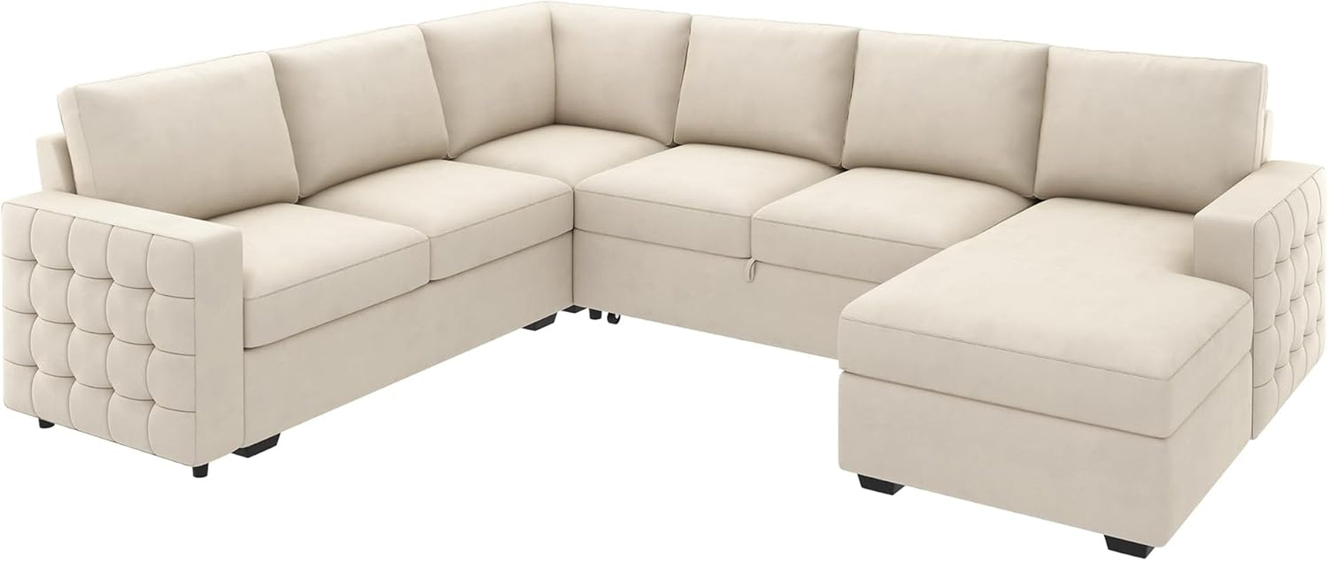 Beige U Shaped Sectional Sleeper Sofa With Storage Chaise-1