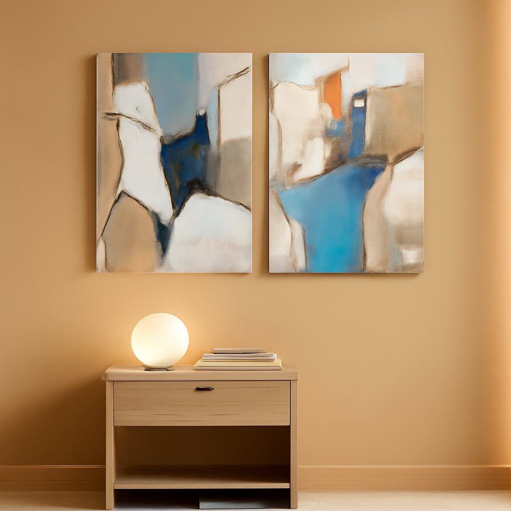 Khaki Blue Abstract Expressionist Canvas Wall Art Duo-0
