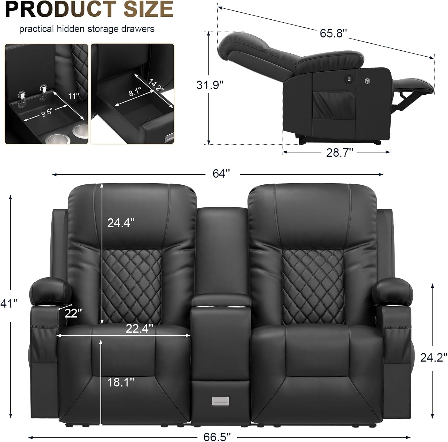 Large Loveseat Recliner, Loveseat Recliner Sofa with Storage Console, Recliner Chair with USB Ports, 2 Cell Phone Holders, Cup Holder, Loveseat Couch for Living Room-1