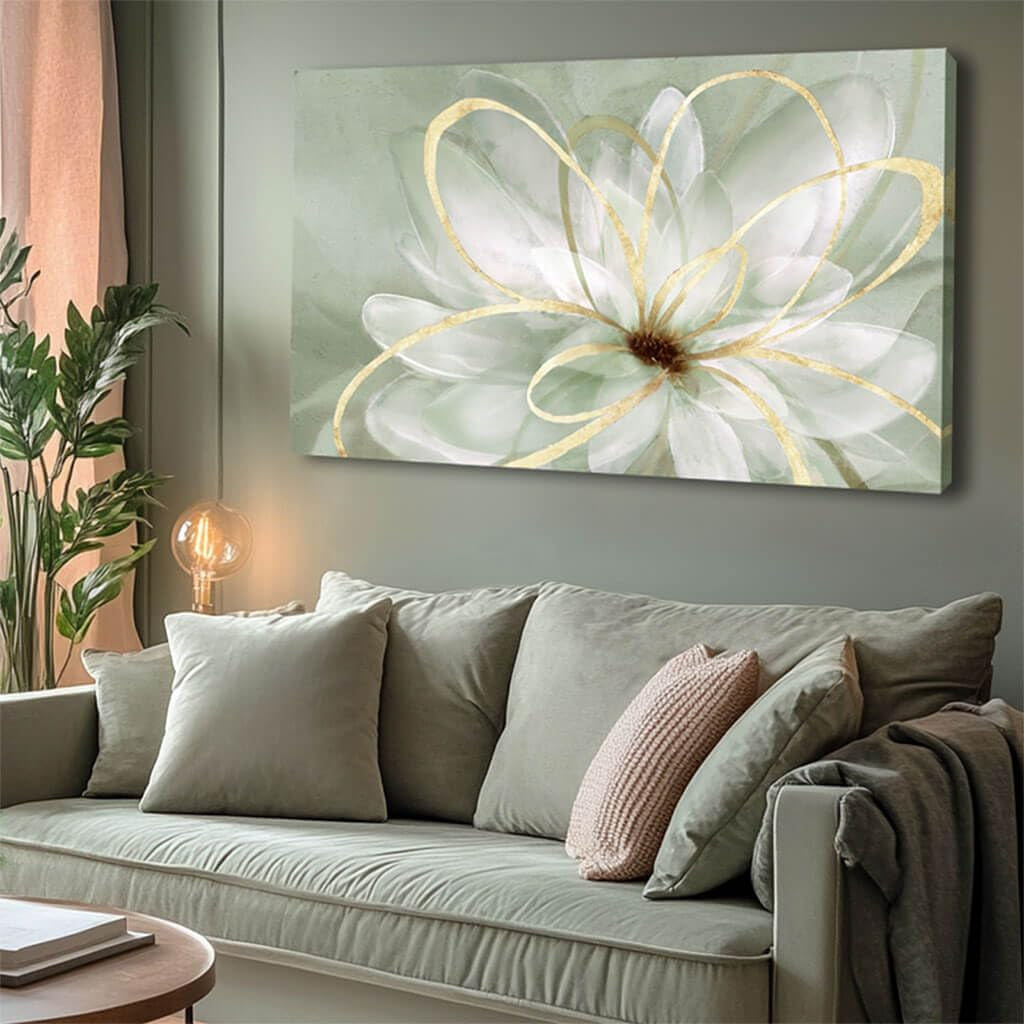 White Blossom GoldLine Wall Art Canvas 29X58 Inches-0