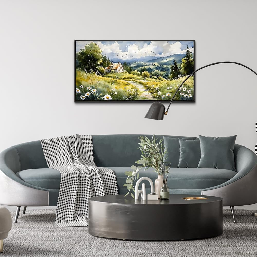 Black Framed Canvas Art work 20x40 Pastoral Land scape-1