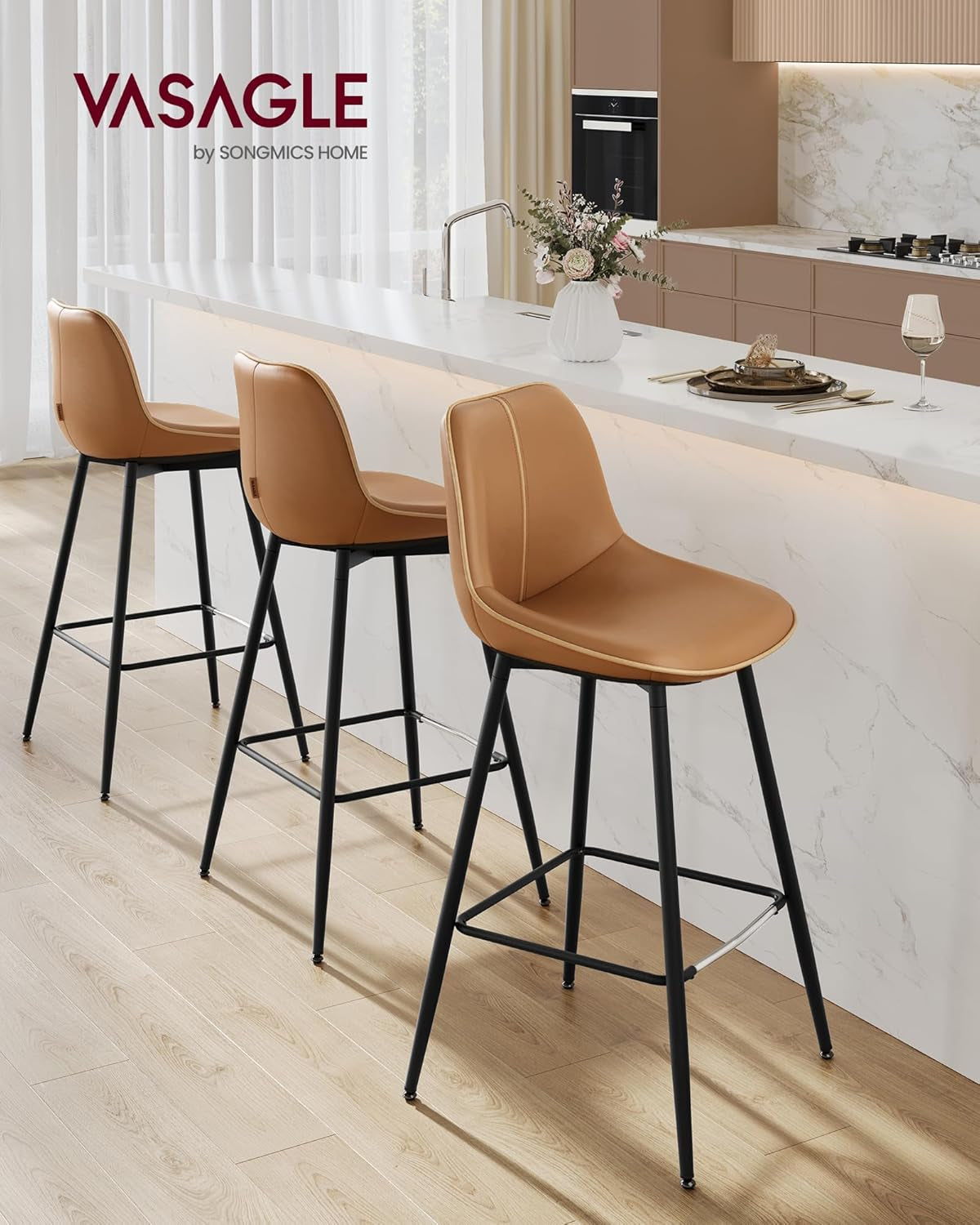 Bar Stool Set Of 2 Caramel Brown Ergonomic Backrest-2