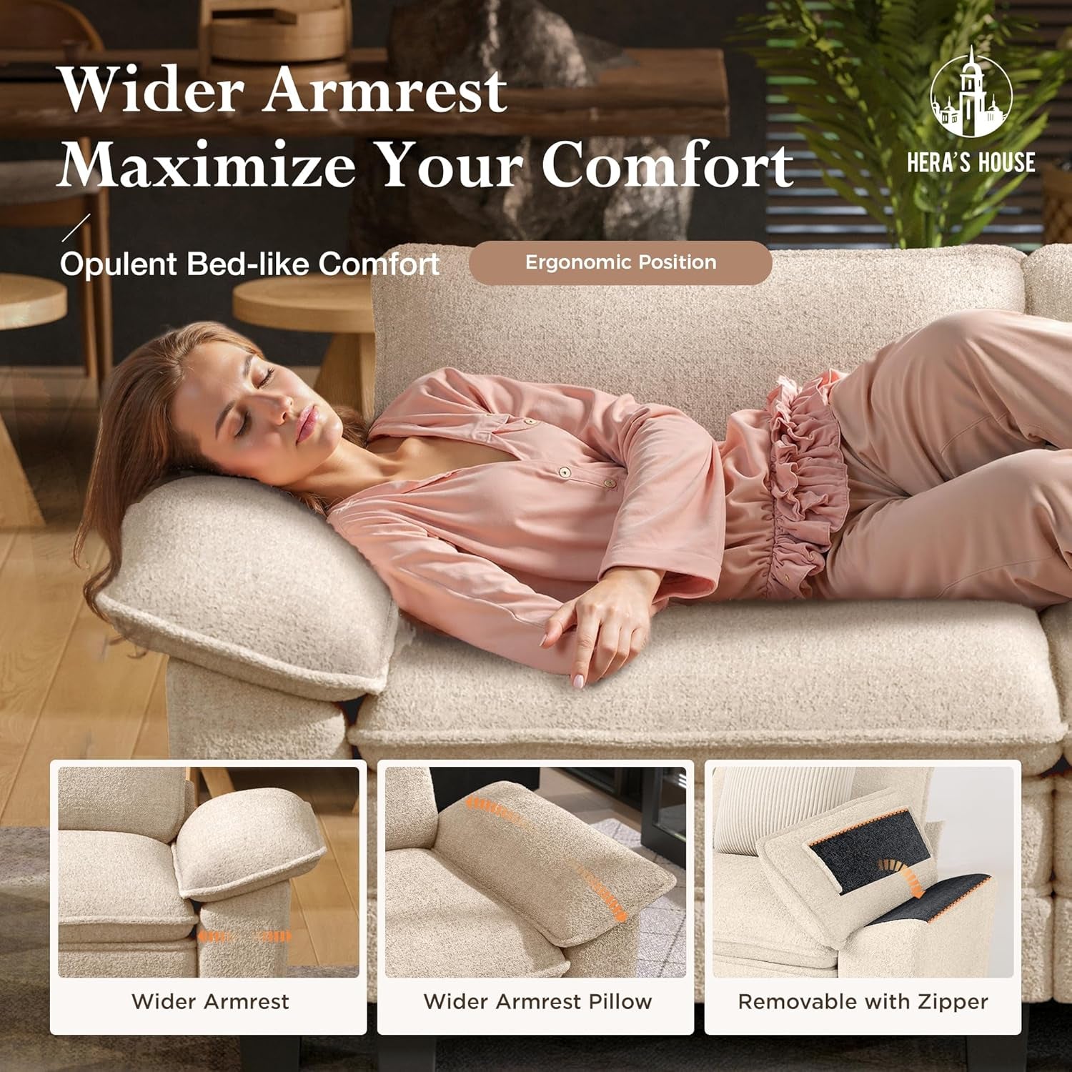 124 Inch Chenille Beige Modular Sectional Sofa With Throw Pillows-3