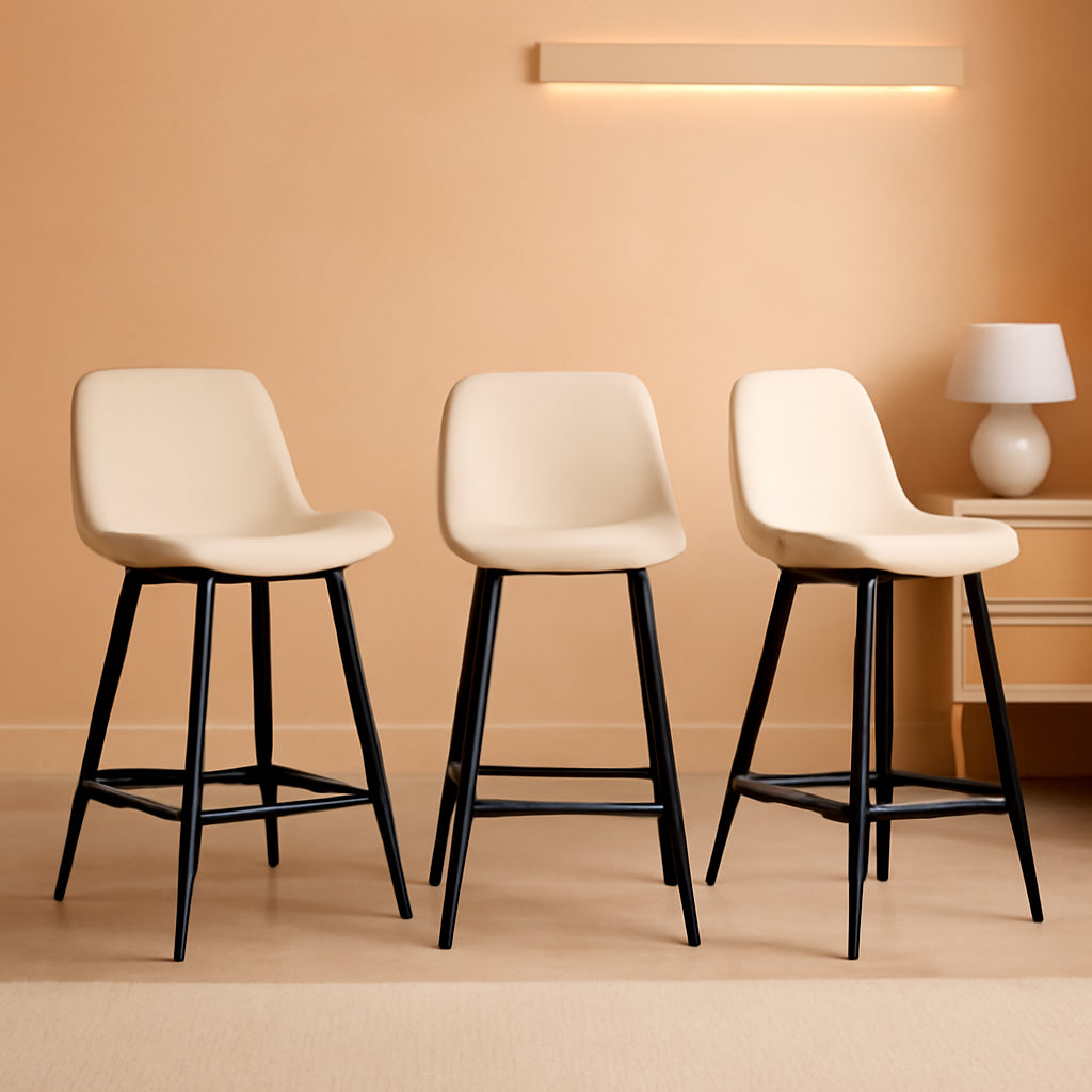 24 Inch Faux Leather Bar Stool Set of 3 With Back and Footrest, Antique White for Kitchen Island-0