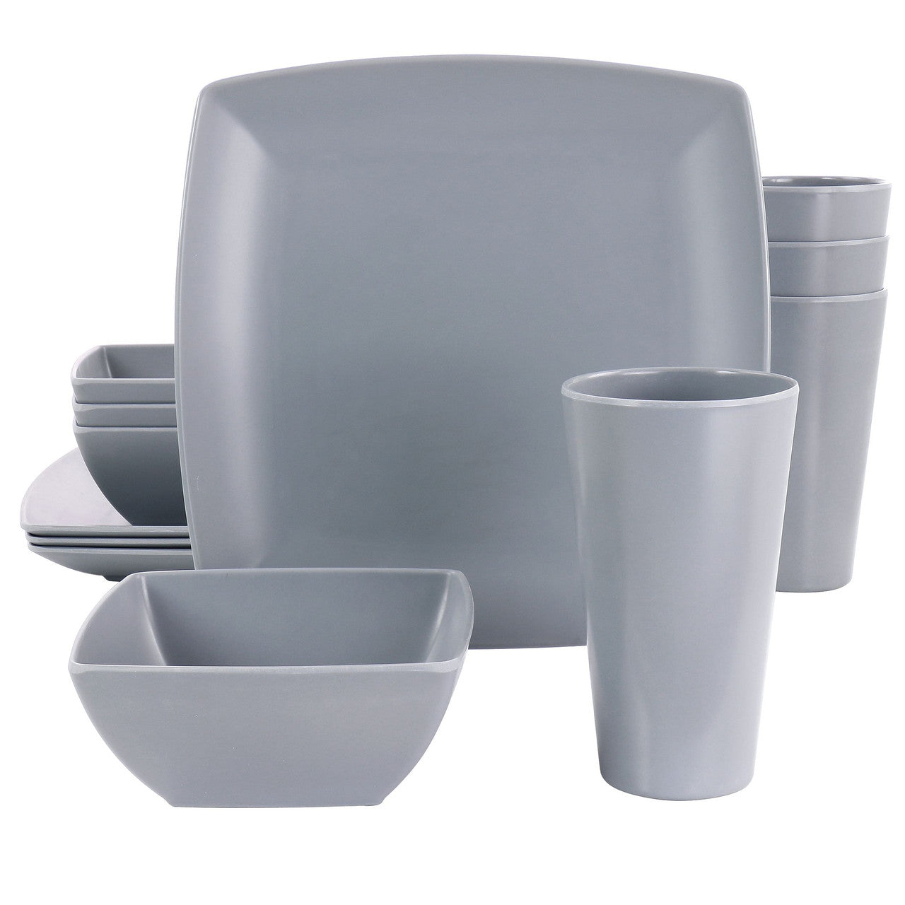 Gibson Home 12 Piece Grayson Melamine Square Dinnerware Set in Gray-0
