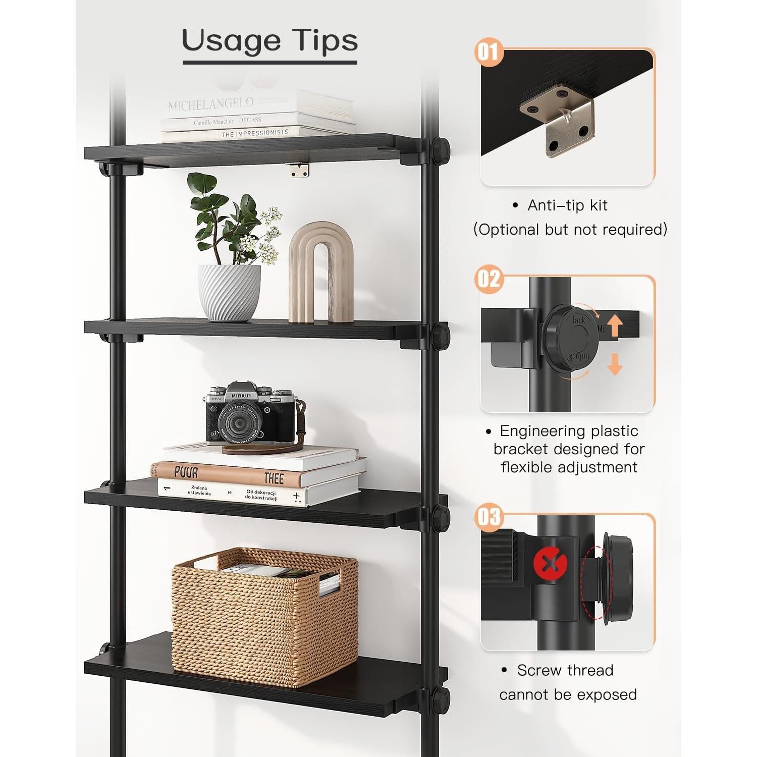 5 Tiers Narrow Bookshelf, Tall Adjustable Ladder Book Shelf with Open Storage, Floor to Ceiling Tension Mount, Wooden Industrial Bookcase for Living Room, 92 to 116 Inch, Black-3