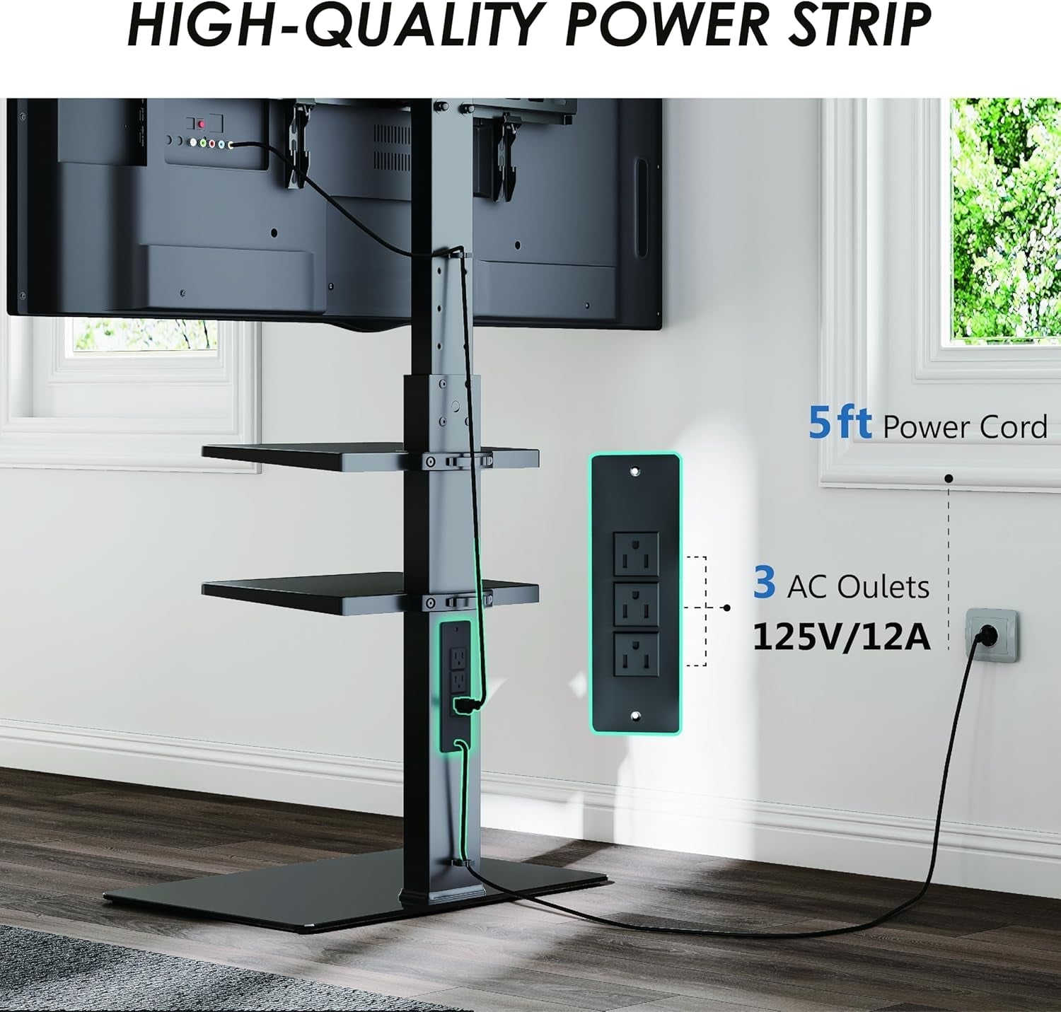 Floor TV Stand with Power Strip for Tvs 32-75 Inch Tvs, Universal TV Stand for Bedroom Living Room with Tempered Glass TV Stand, Swivel TV Stand Holds up to 88Lbs MAX VESA 600X400Mm,Black-2