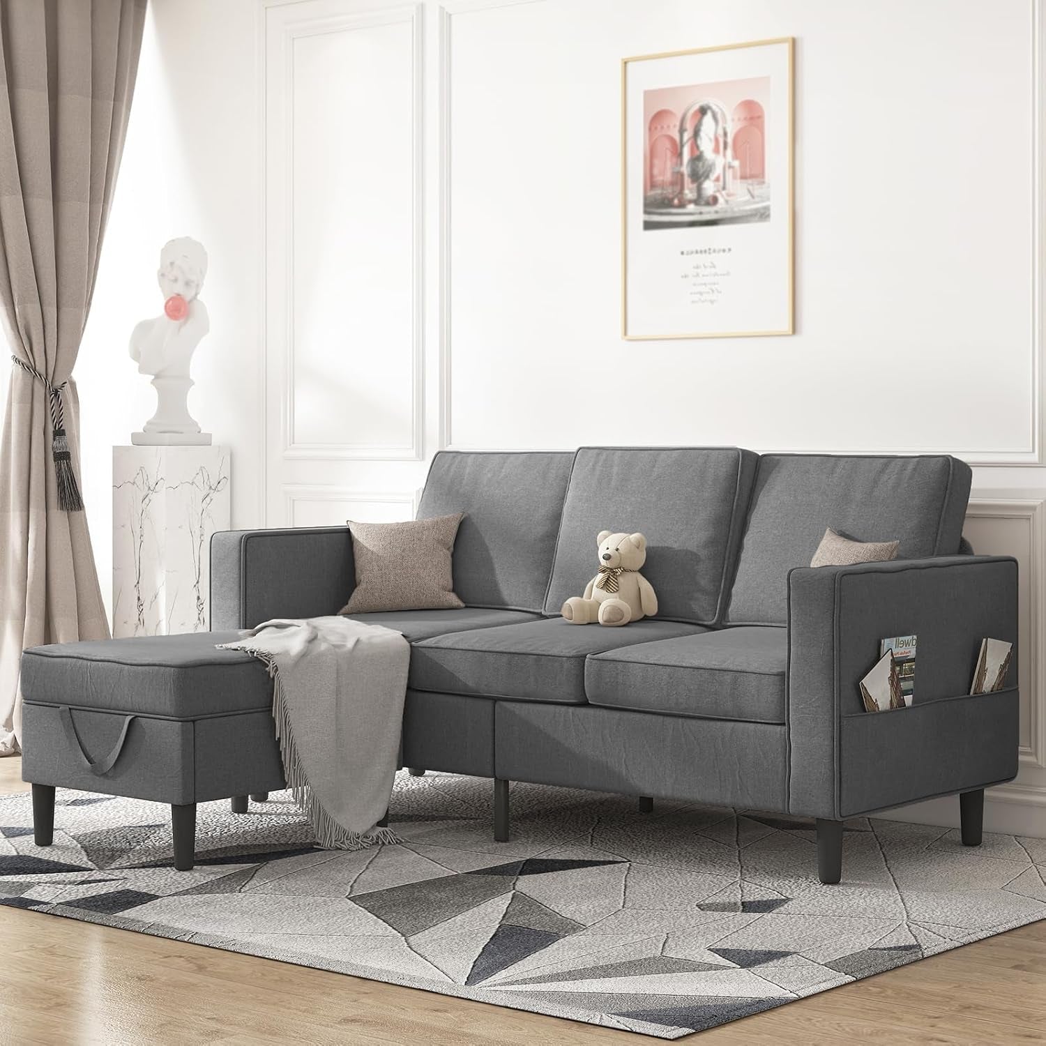 Convertible Sectional Sofa Sets, Modern Linen Fabric 3 Seater L-Shaped Sofa with Storage Ottoman, Wooden Sofa Couch Legs, Reversible Chaise Chair for Living Room, Studio, Apartment - Dark Grey-0