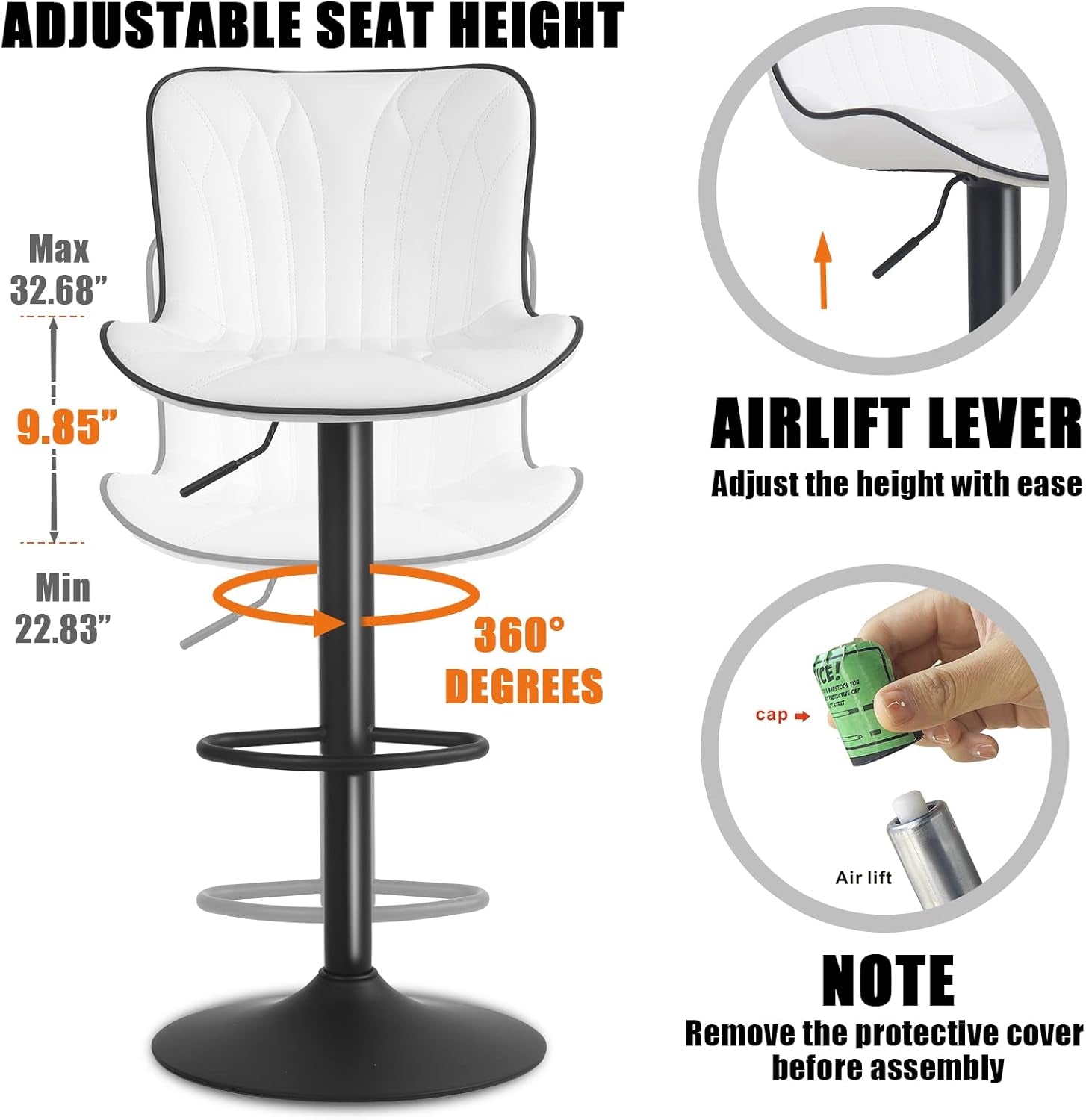 White Bar Stools Set of 2 Modern Kitchen Counter Height Bar Chair with Back Swivel Adjustable Faux Leather Upholstered Barstools for Breakfast Island Tall 300LBS-3