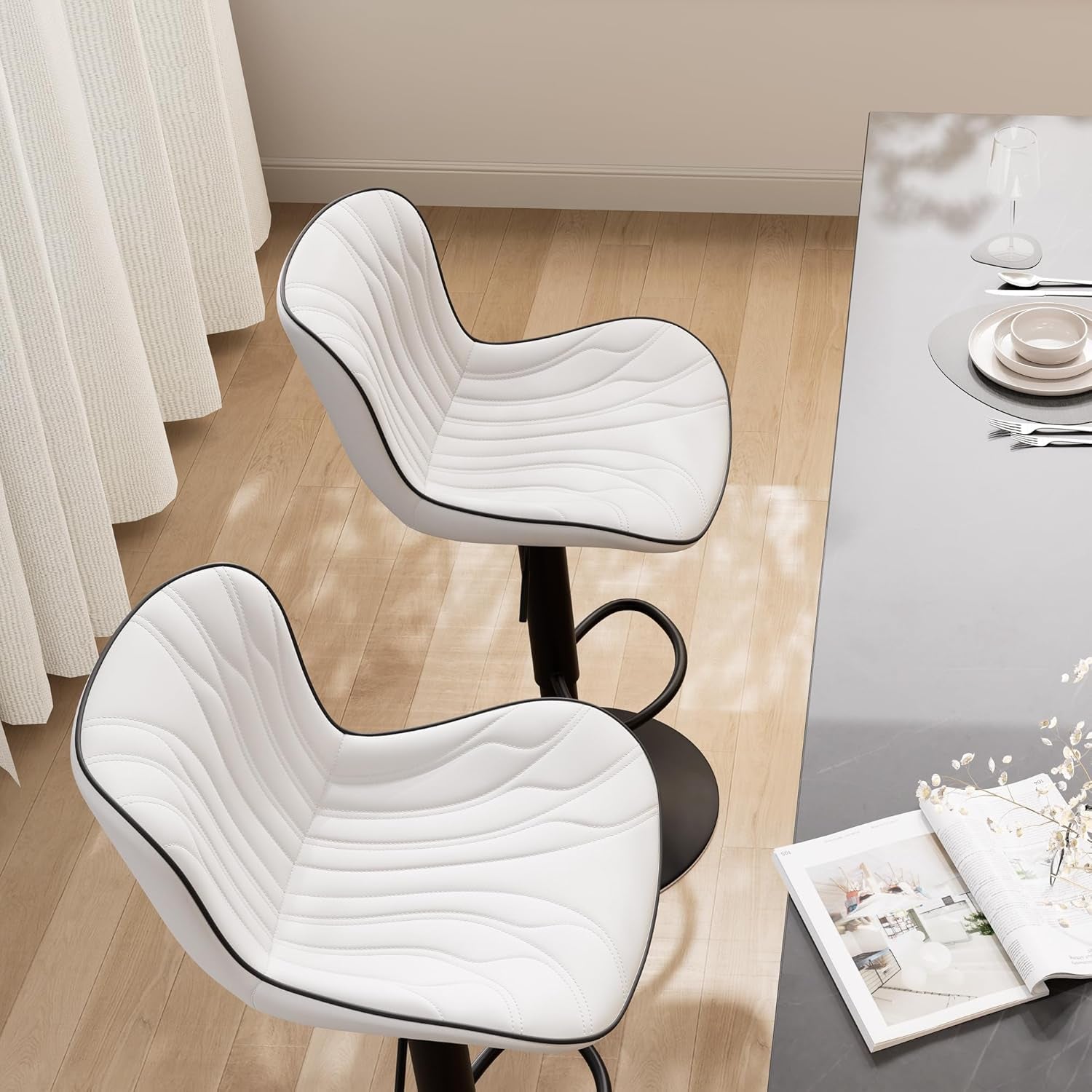 White Bar Stools Set of 2 Modern Kitchen Counter Height Bar Chair with Back Swivel Adjustable Faux Leather Upholstered Barstools for Breakfast Island Tall 300LBS-4