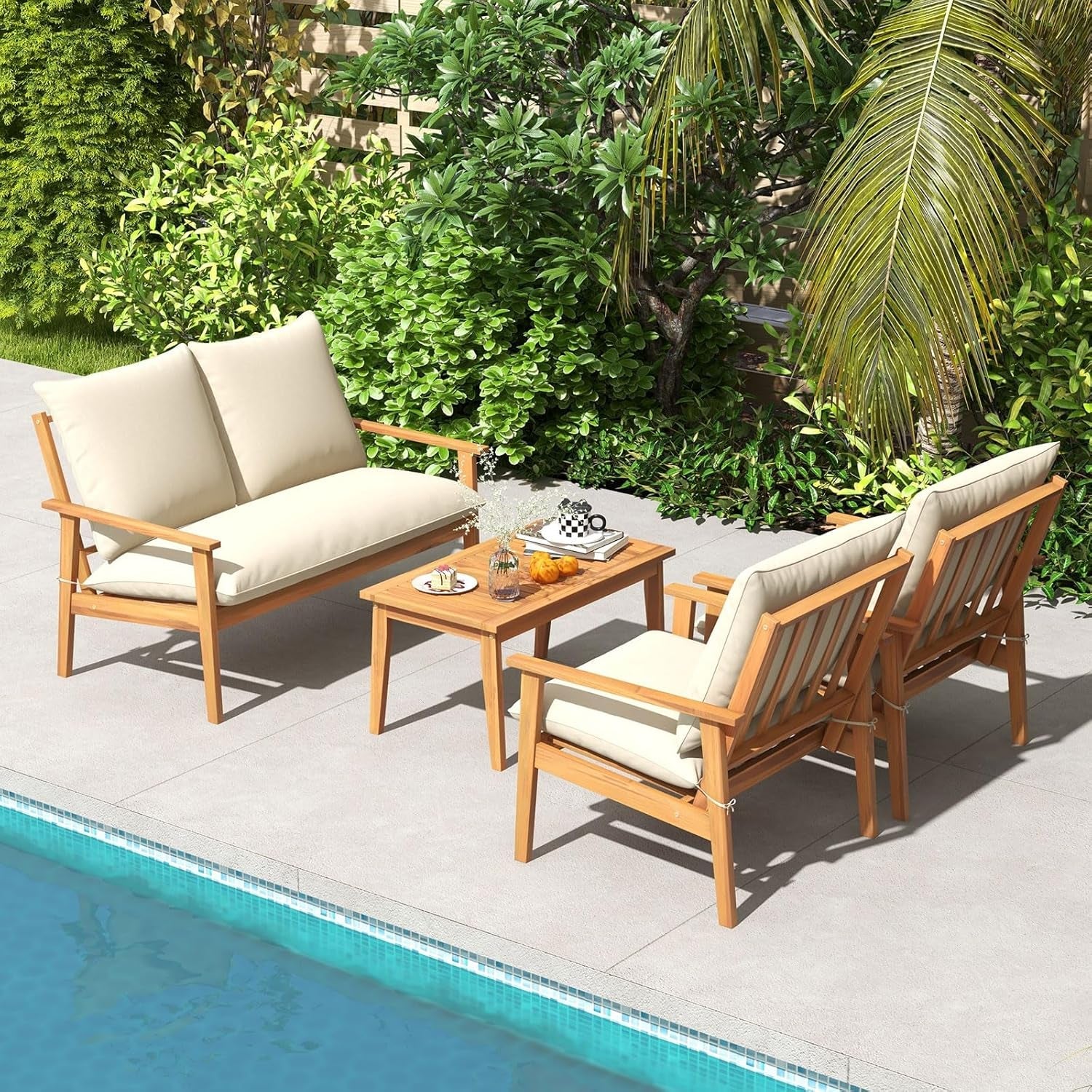 Outdoor Acacia Wood Patio Set With Cushions And Coffee Table-2