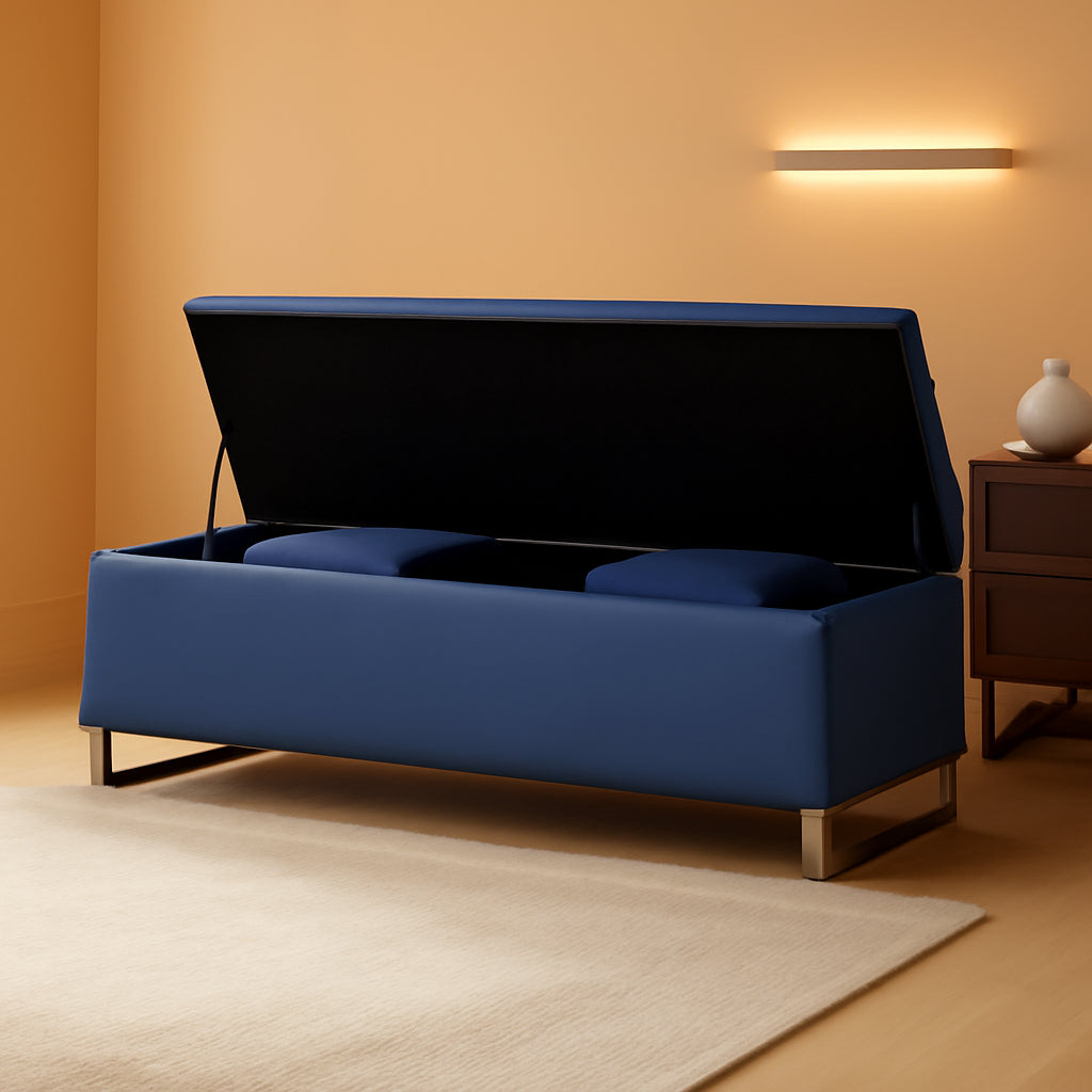 Navy Upholstered Storage Ottoman Bench With Hideaway-0