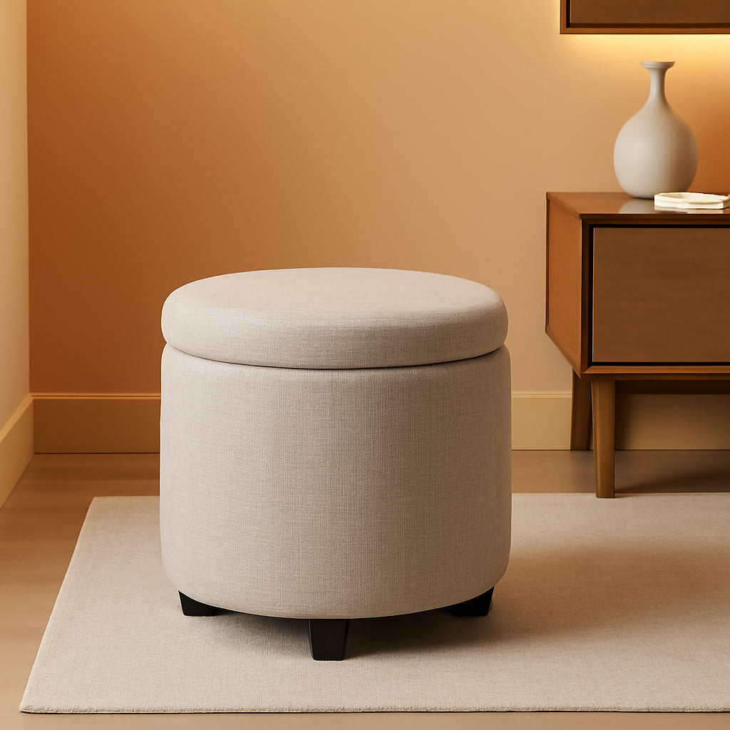 Round Storage Ottoman Upholstered Removable Tray Lid-0