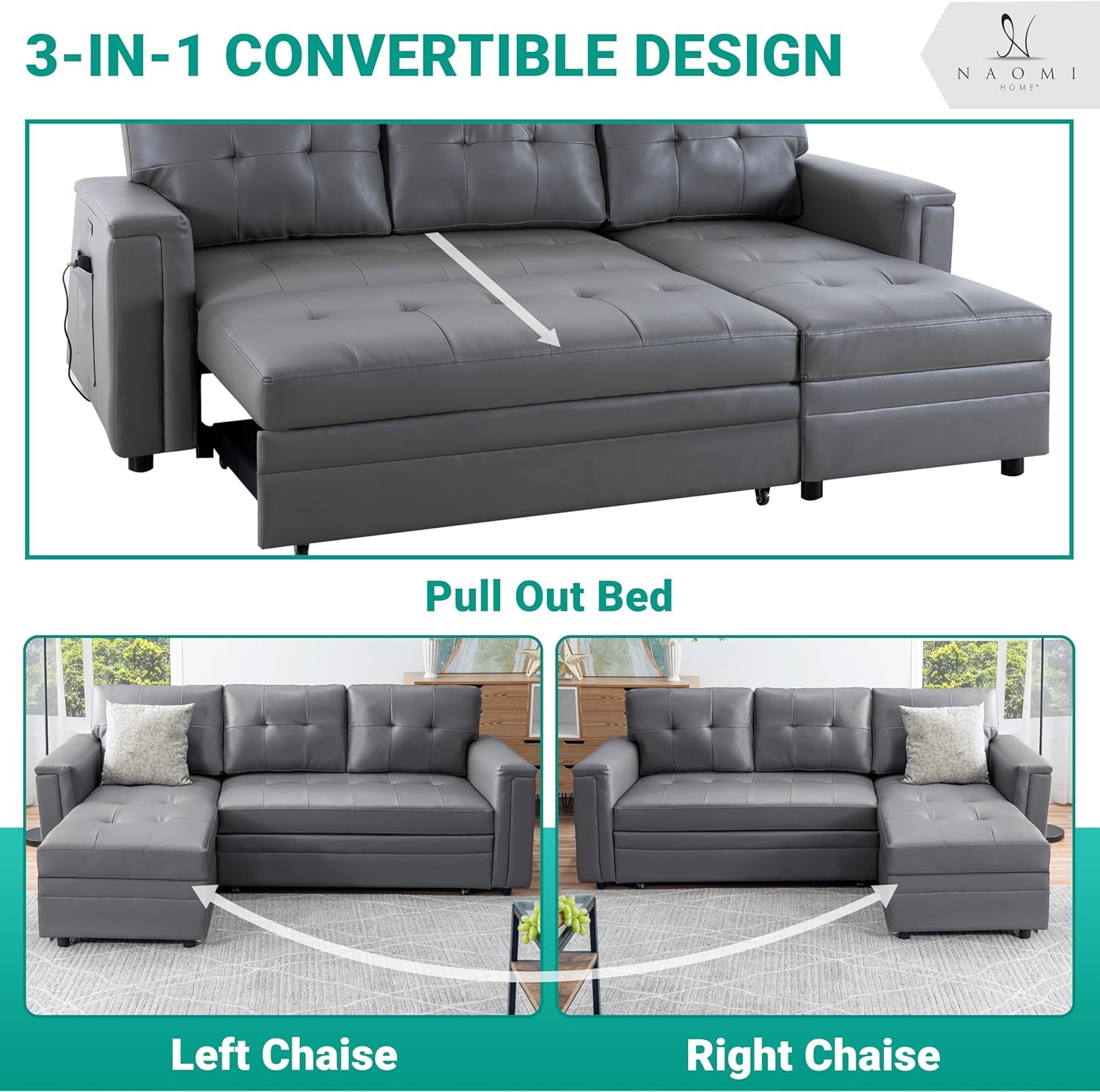 L Shaped Sectional Sleeper Sofa With USB Ports Gray Leather-4