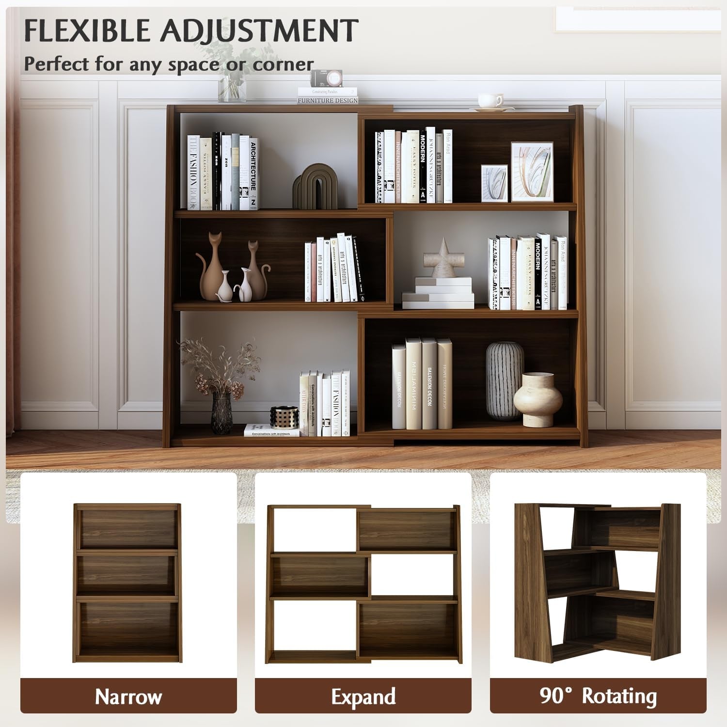 Three Tier Extendable Wooden Shelf Bookcase Walnut-2