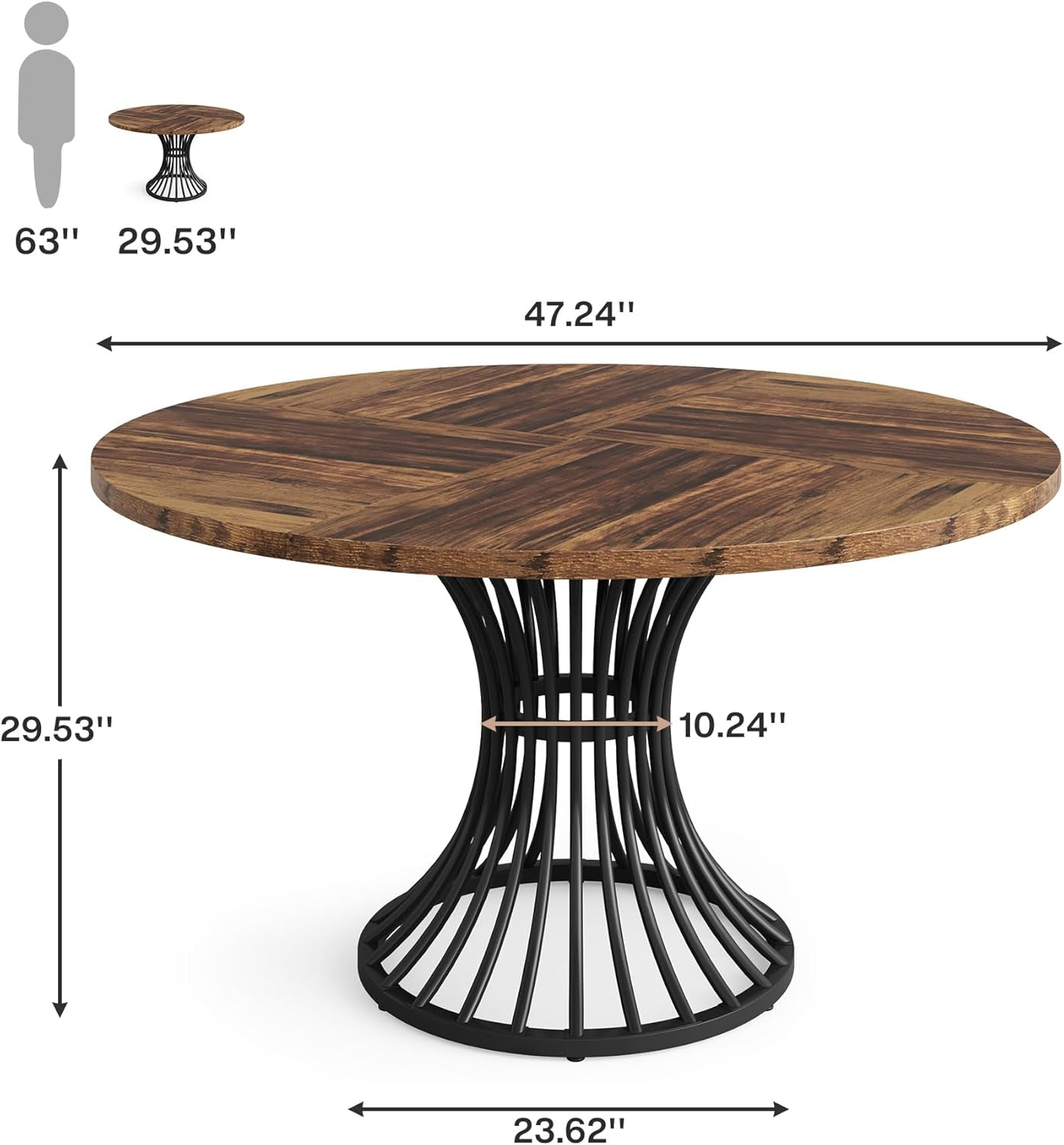round Dining Table for 4-6 People, 47-Inch Farmhouse Dinning Room Table Circle Kitchen Table, Industrial Dinner Table with Metal Base for Kitchen, Living Room, Black and Brown-1