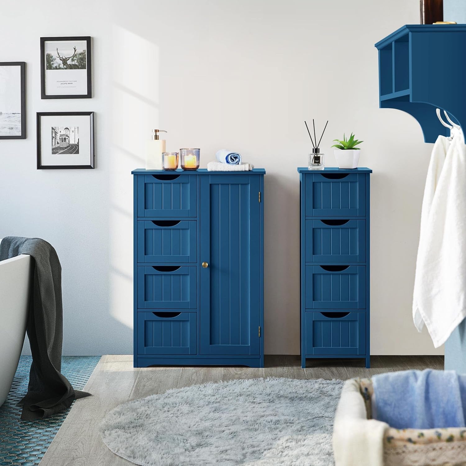 Navy Blue Wooden Bathroom Floor Cabinet With 4 Drawers And Cupboard-1