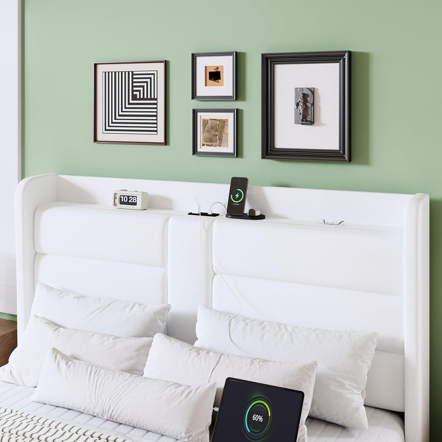 Full Size Platform Bed Frame With Integrated USB Charging Station And Storage Headboard-3