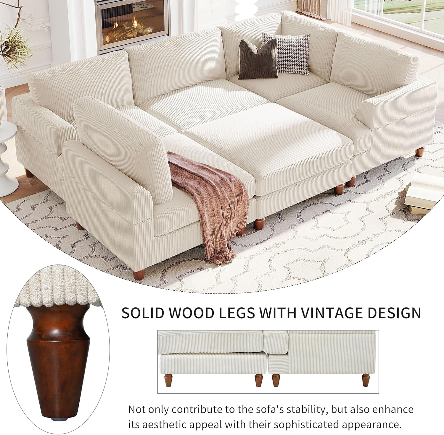 Large Sectional Sofa Couch with Ottoman for Living Room, L Shaped Corduroy Fabric Sofa Couch, 98" L Modular Corner Sectional Sofa for Spacious Space Office, Beige-4