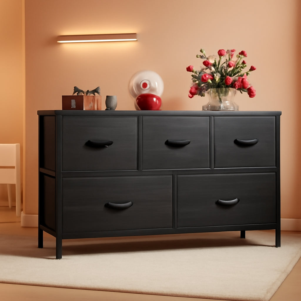 Charcoal Black Wood Grain Dresser With 5 Drawers And Fabric Bins-0