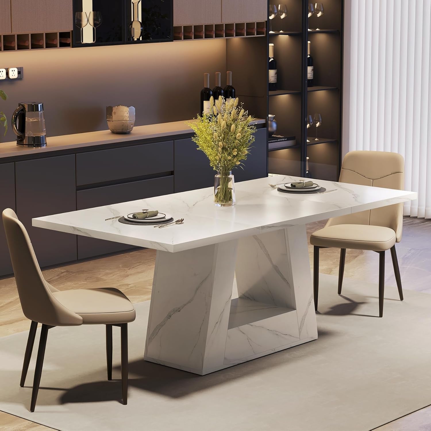 63 Inch White Faux Marble Rectangular Dining Table-2
